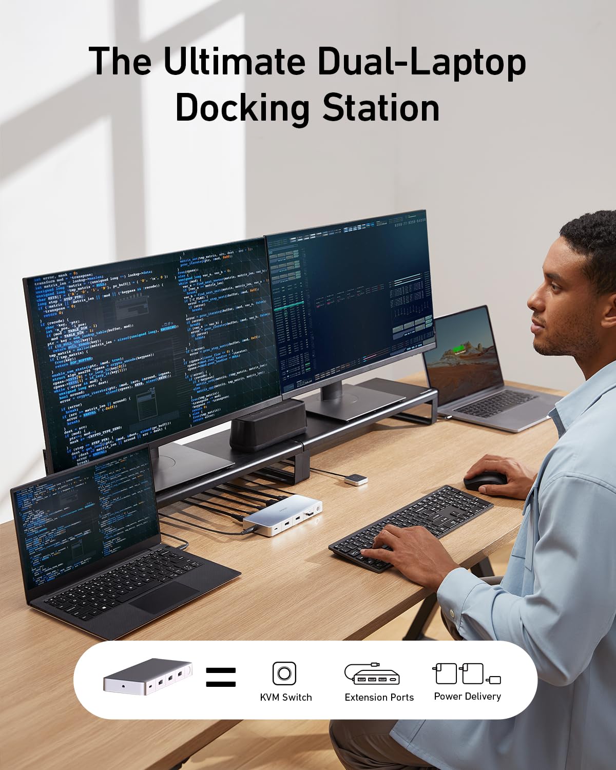 Anker KVM Switch Docking Station for 2 Laptops - Dual 4K Monitor USB-C Hub with HDMI, DisplayPort, 100W PD Charging, USB 3.0 Ports - Compatible with Lenovo, MacBook, iPad, Steam Deck - Perfect for Home Office & Gaming Setup