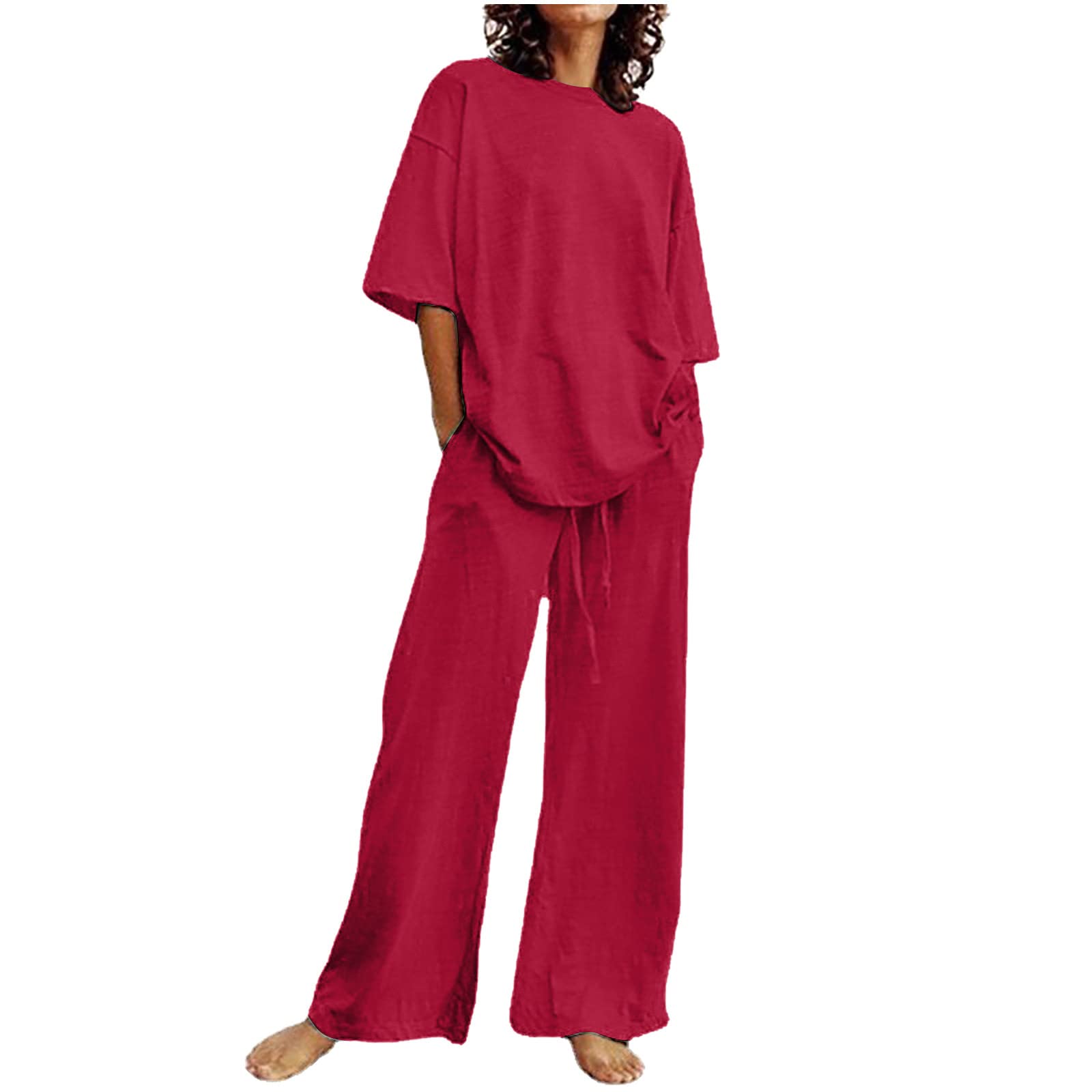 Oelaio Plus Size Sweater Sets for Women - 2 Piece Lounge Wear Set with Long Sleeve Top & Cropped Wide Leg Pants (Red) - Comfortable Womens Sweat Suit for Casual Wear, Home Relaxation, and Travel Outfits