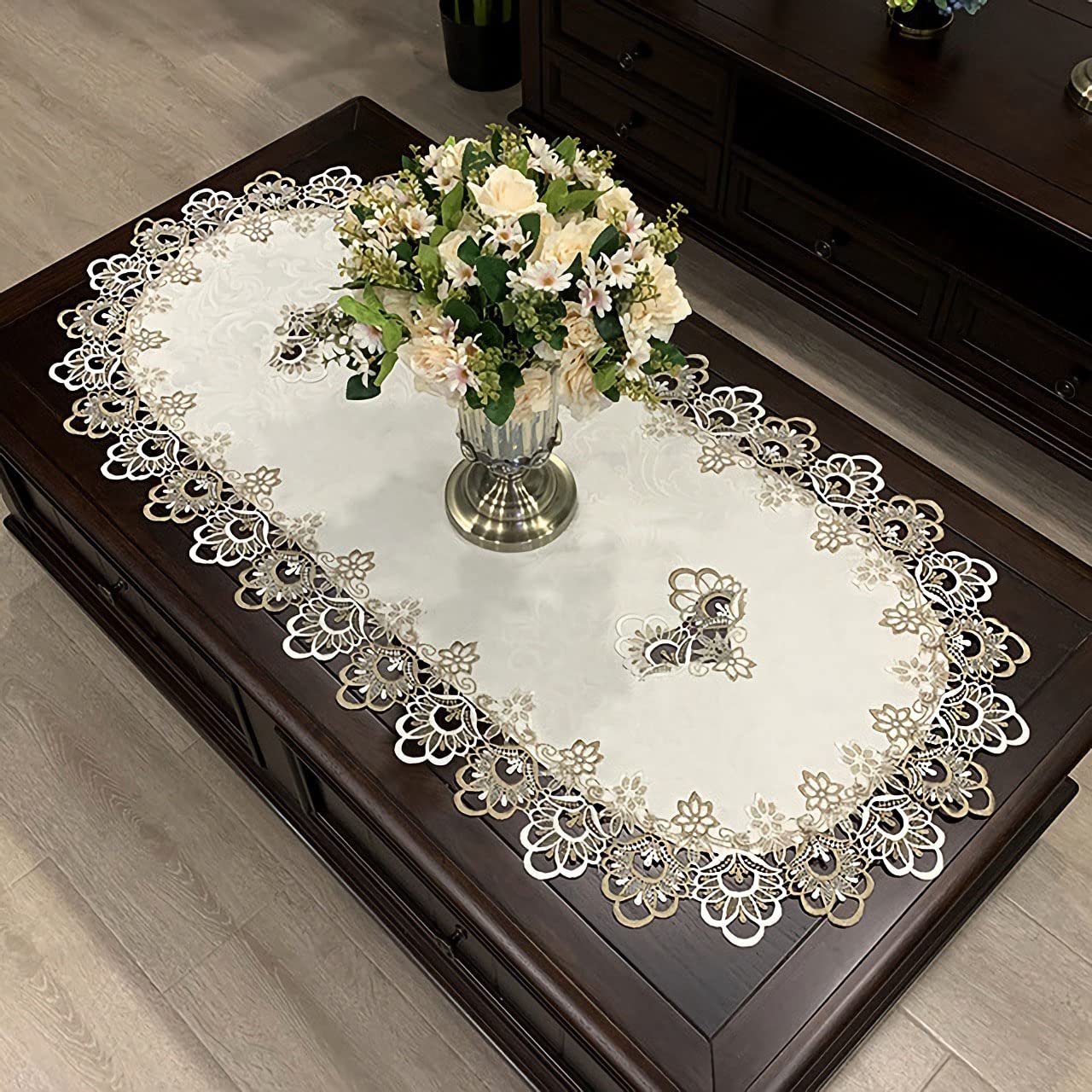 Elegant White Lace Floral Oval Coffee Table Cloth 15.7x31.5 Inch - Stain-Resistant Polyester/Cotton Blend - Machine Washable - Perfect for Living Room, Dining Room & Home Decor
