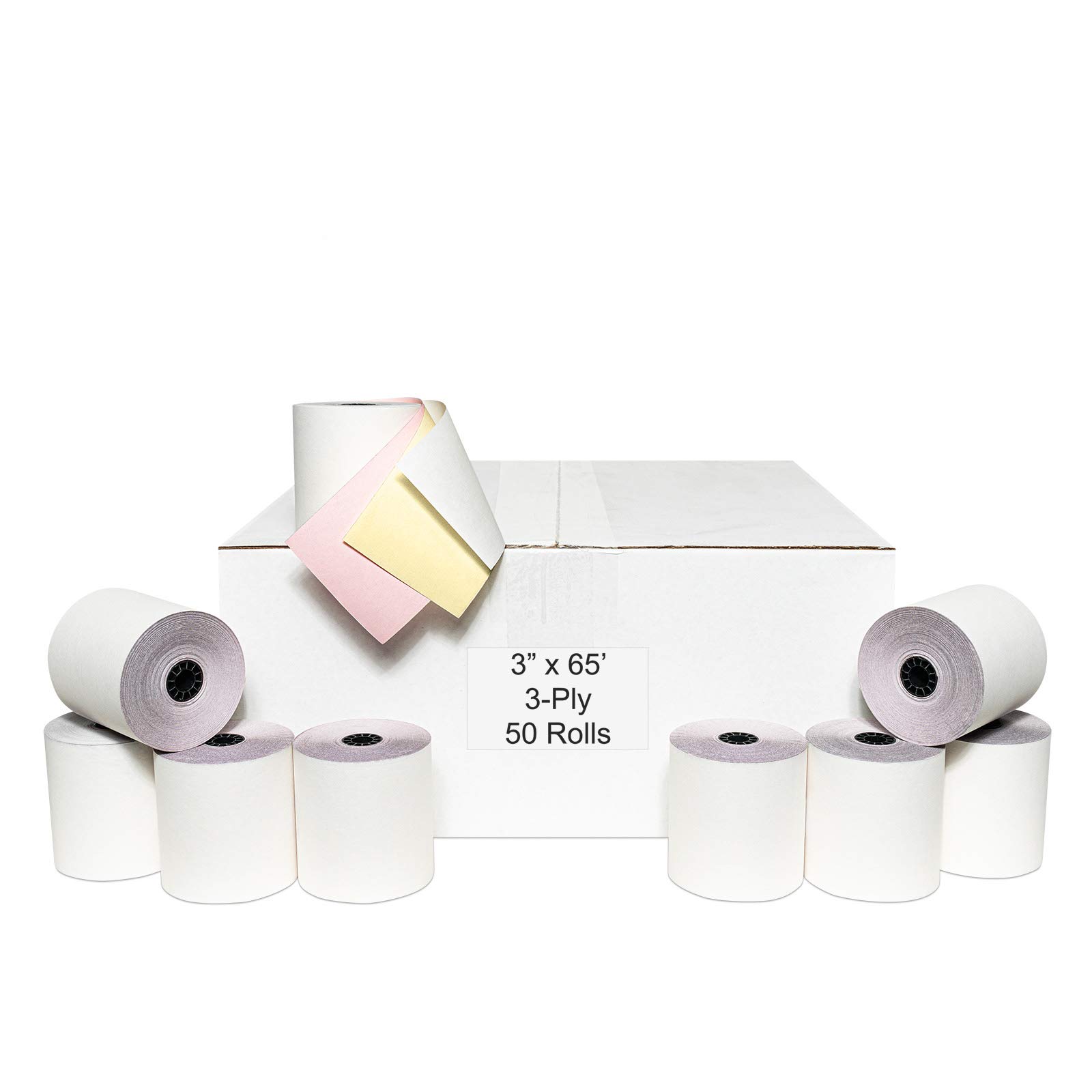 3-Ply White/Canary/Pink Cash Register Paper Rolls - 3