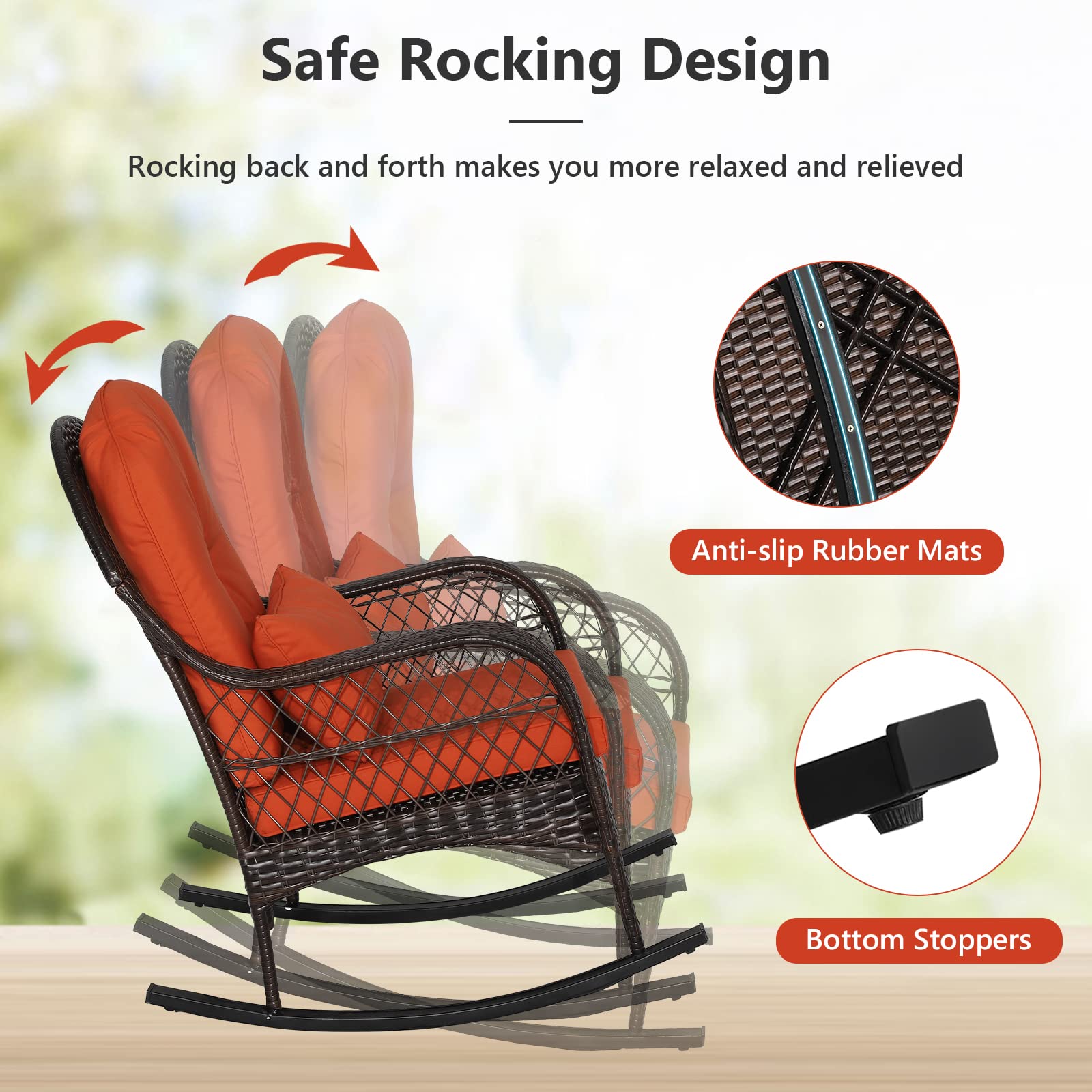 **MEDIMALL Outdoor Wicker Rocking Chair with Lumbar Pillow & Cushions – Patio Rattan Rocker with Padded Seat, Durable Metal Frame, Mix Brown Wicker Furniture for Balcony, Porch, Deck, Backyard (Red) – Perfect for Relaxing, Reading, or Sunbathing**