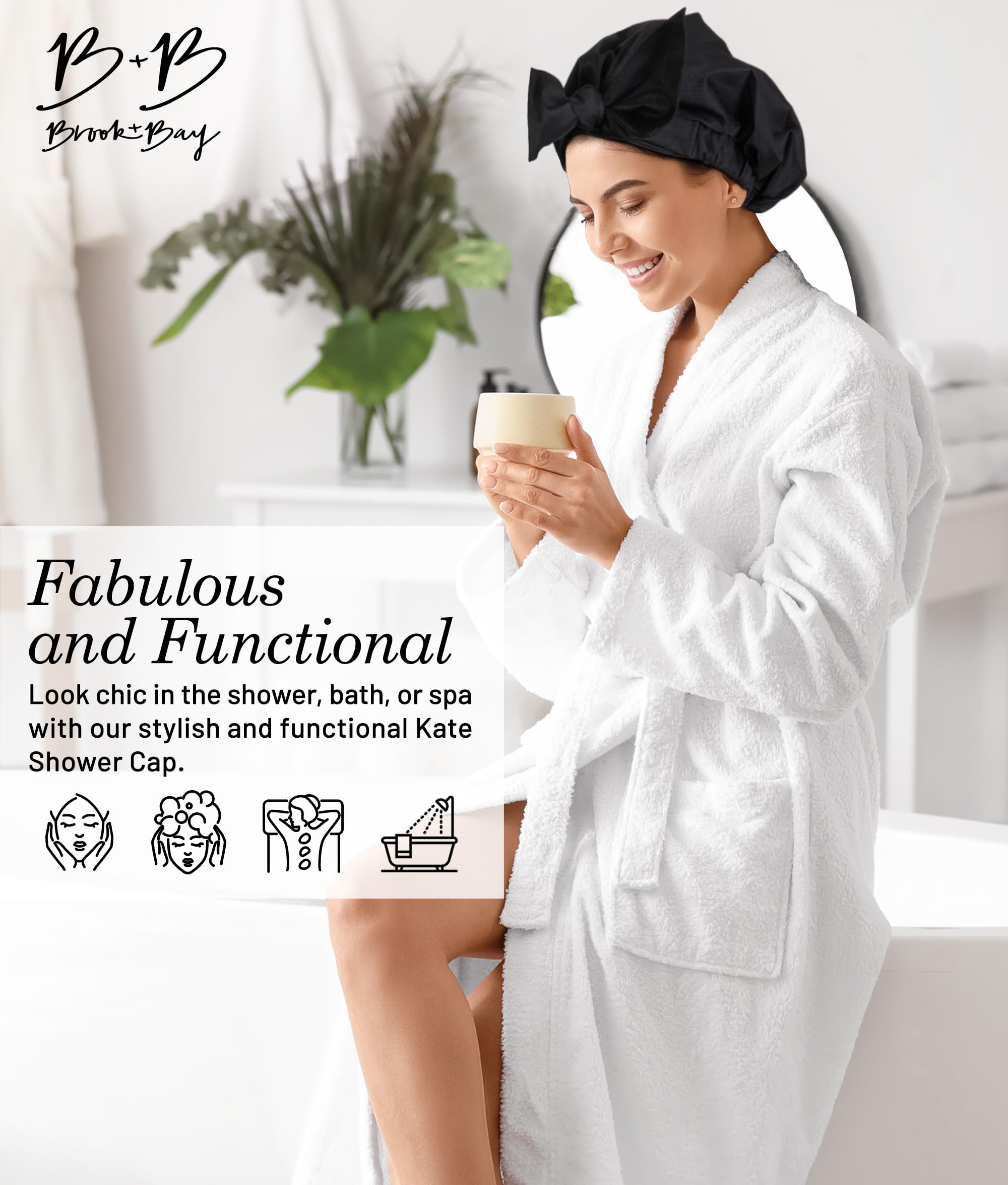 Brook + Bay Adjustable Waterproof Shower Cap with Bow - Reusable Bath & Swim Hair Protector for Women - Perfect for Showering, Swimming & Salon Visits