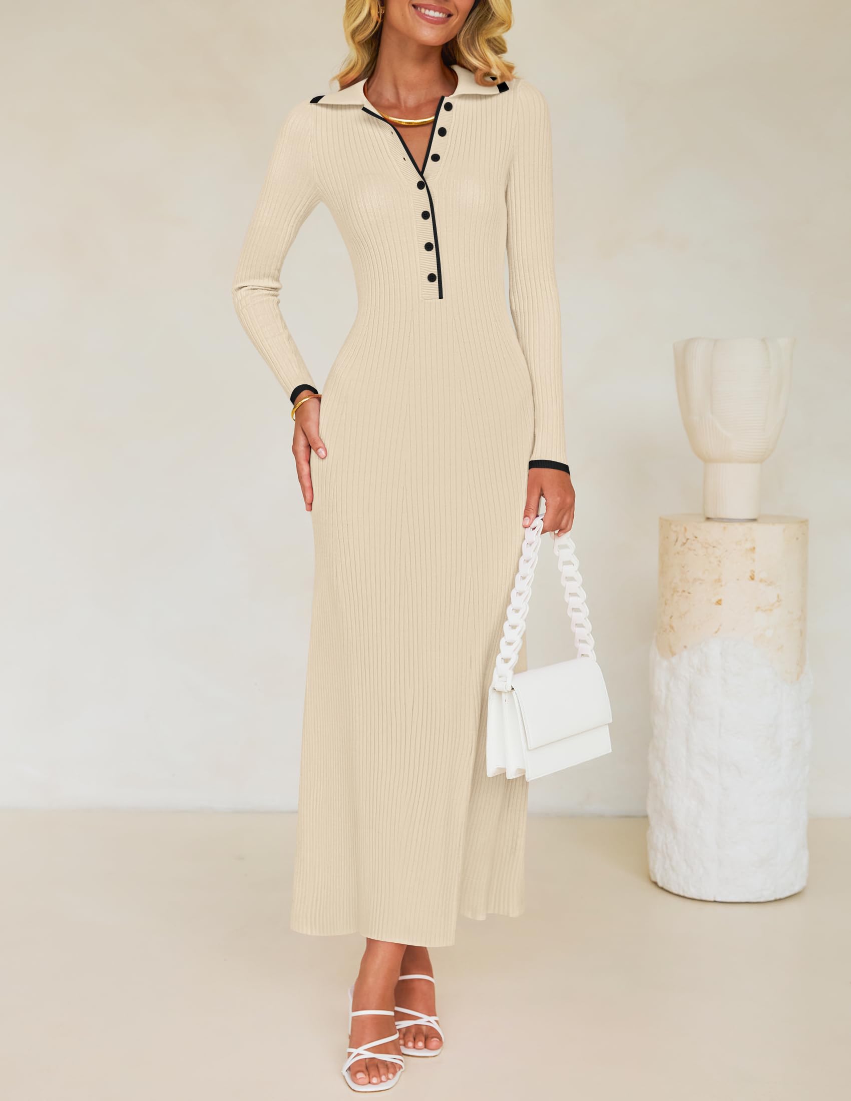 ZESICA Women's Long Sleeve Sweater Dress - V Neck Ribbed Knit Bodycon Maxi Dress for Spring 2025 | Casual, Formal & Cocktail Party Wear | Perfect for Office, Date Night and Special Occasions