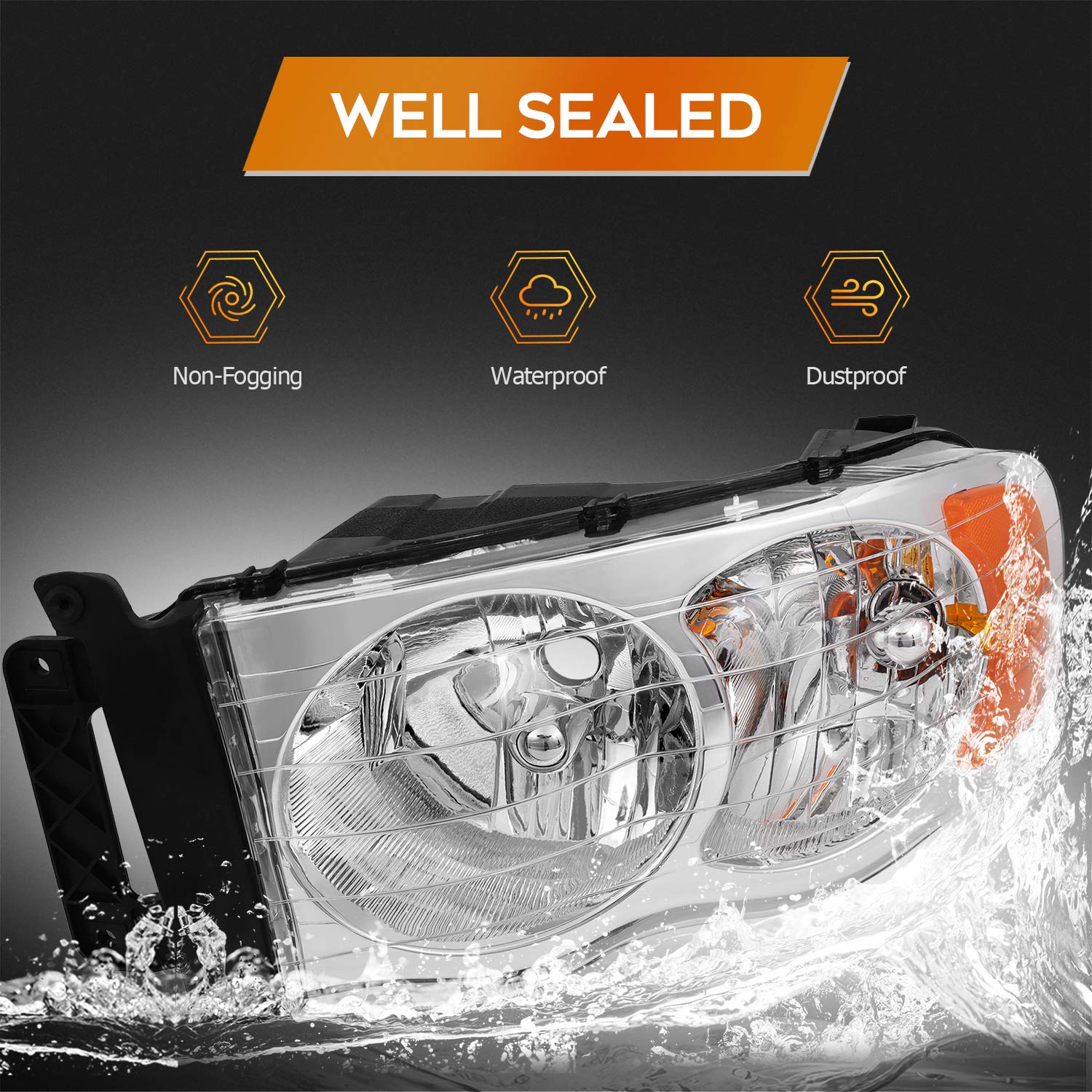 Dodge Ram 1500 2500 3500 Headlight Assembly (2002-2005) - Chrome Housing with Amber Reflector & Clear Lens - Driver & Passenger Side Replacement Headlamps for Improved Night Driving Visibility