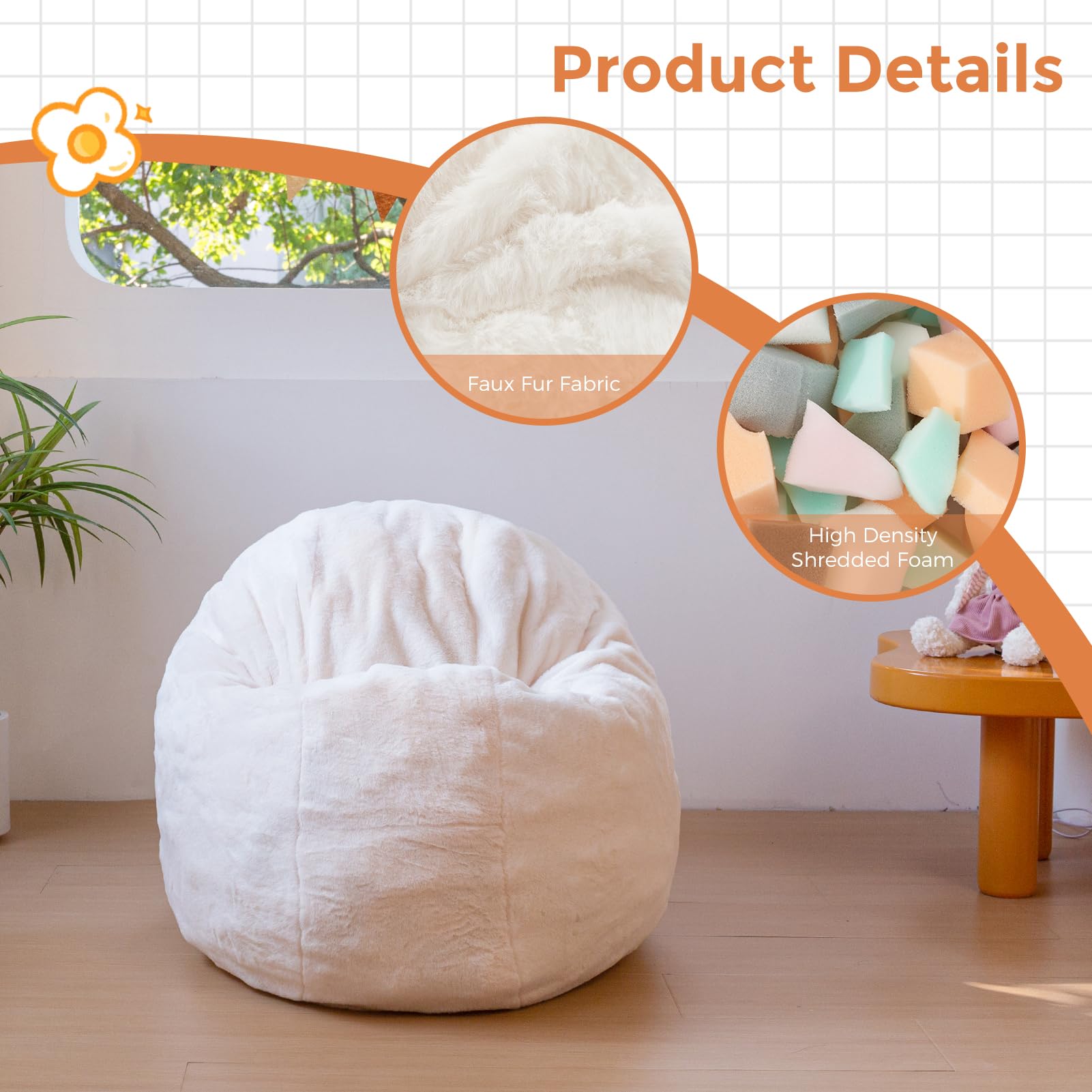MAXYOYO 3-in-1 Kids Bean Bag Chair Bed - Convertible Faux Fur Round Floor Sofa for Children | Gaming Chair, Reading Nook & Nap Space | Soft Beige Comfort for Playroom, Bedroom & Dorm (Machine Washable)
