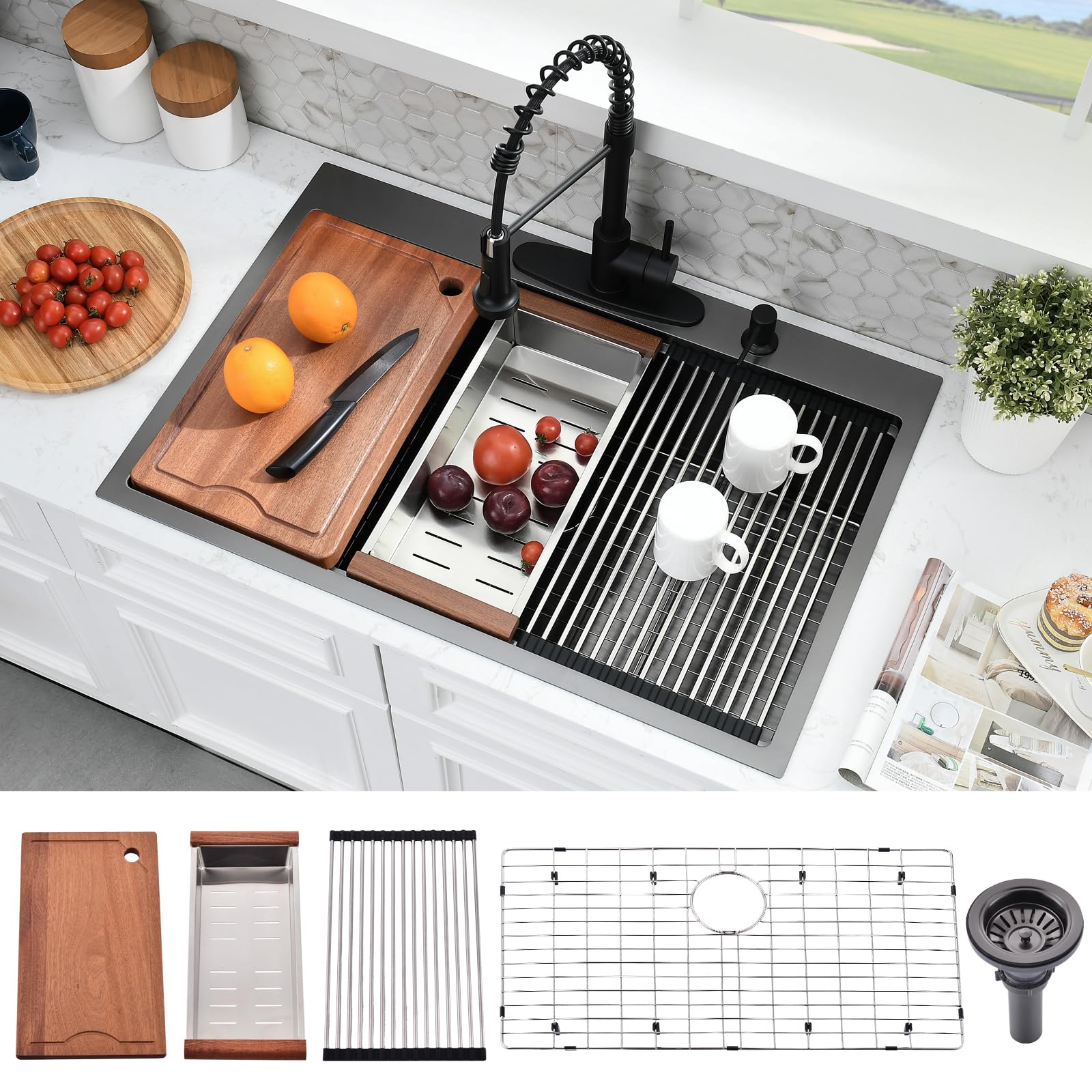 30×22 Inch Black Stainless Steel Kitchen Sink Drop In - 16 Gauge Heavy Duty 10