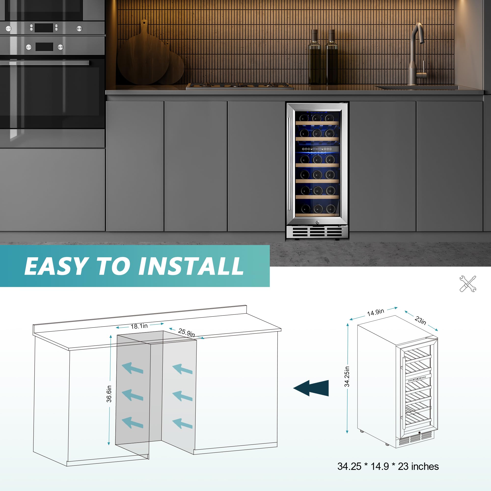 EUHOMY 15 Inch Dual Zone Wine Cooler Refrigerator - Digital Temperature Control, Ultra Quiet Compressor, Double Layer Glass Door - Holds 33 Bottles - Perfect for Home Bars, Restaurants, and Wine Cellars