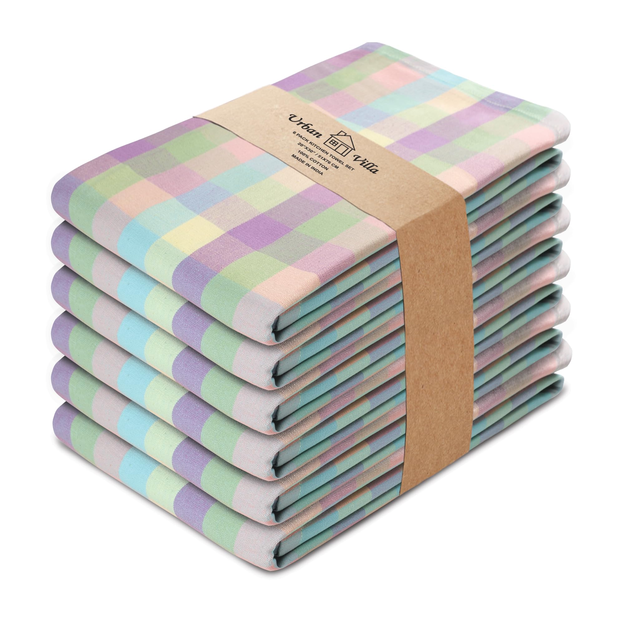 Urban Villa 6-Pack Buffalo Check Kitchen Towels 20”x30” - 100% Cotton, Super Absorbent & Ultra Soft with Mitered Corners - Perfect for Easter Decor, Dish Drying & Holiday Kitchen Decorations