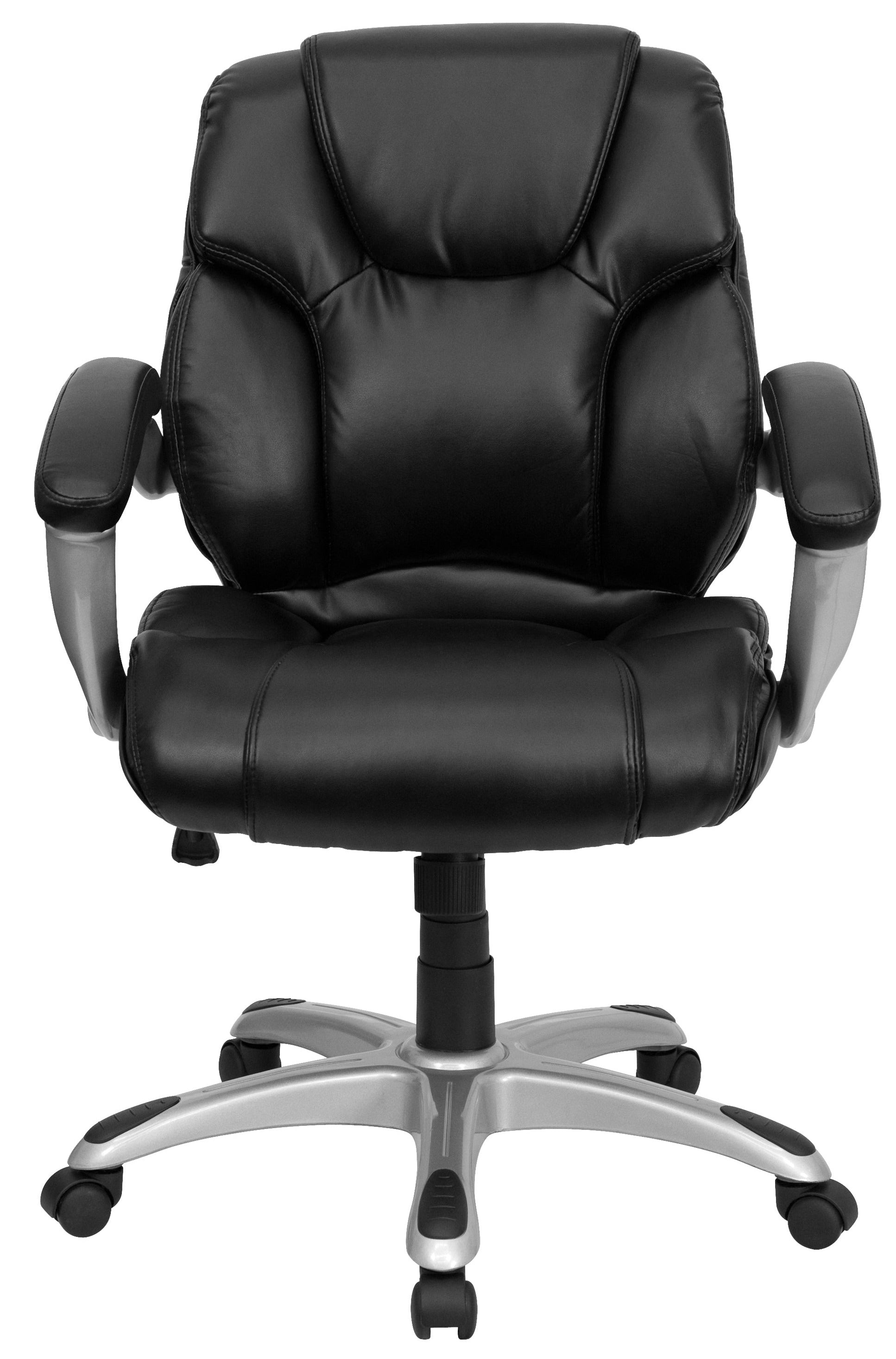 Premium Black LeatherSoft Executive Office Chair - Ergonomic Mid Back Swivel Chair with Silver Nylon Base & Adjustable Arms for Home & Business Workspaces