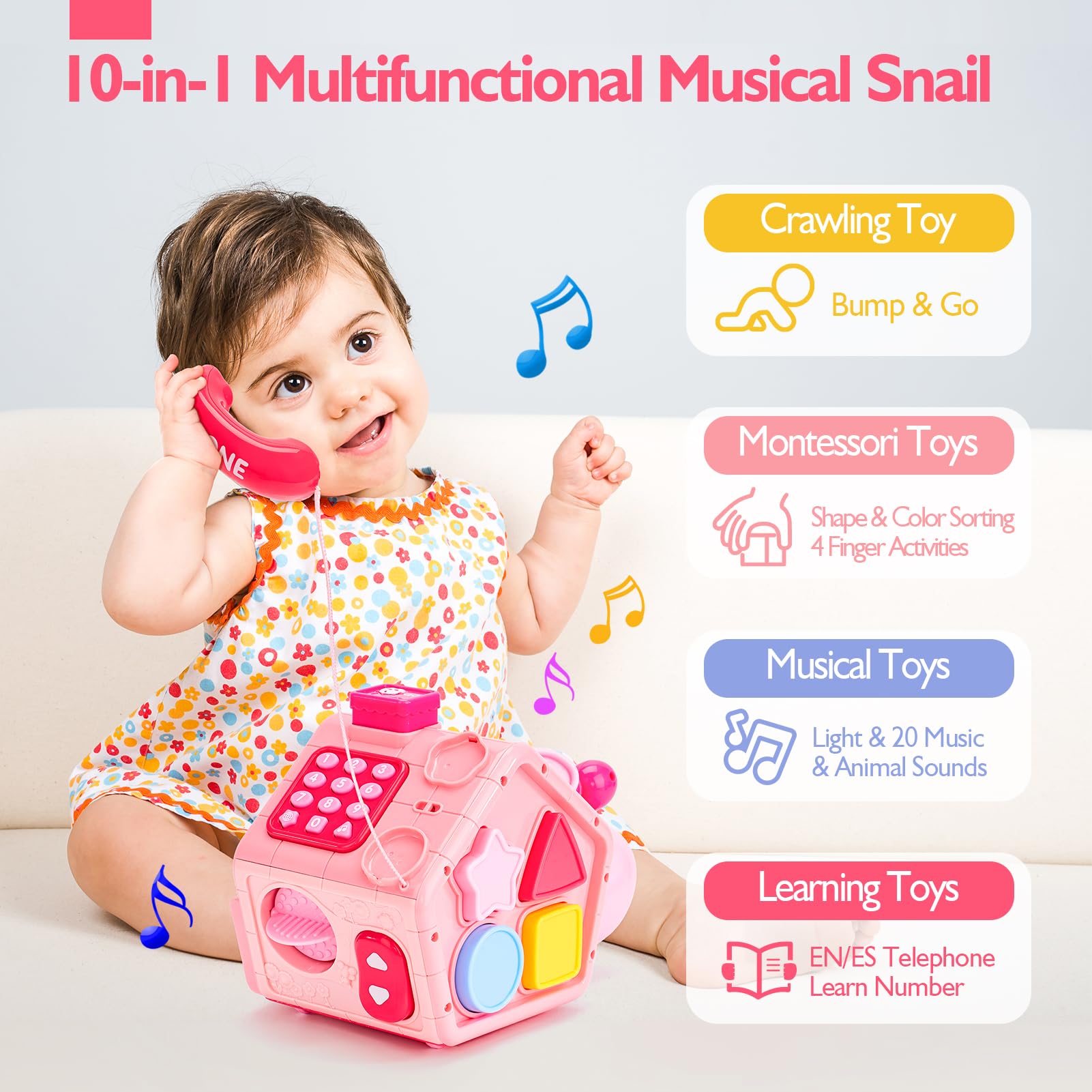 Hahaland Musical Crawling Snail Toy - Educational Baby Toys for 6-18 Months, Interactive Toddler Learning Toy with Lights & Sounds - Perfect 1st Birthday Gift for Girls & Boys - Great for Crawling Practice, Sensory Development & Early Learning Playtime