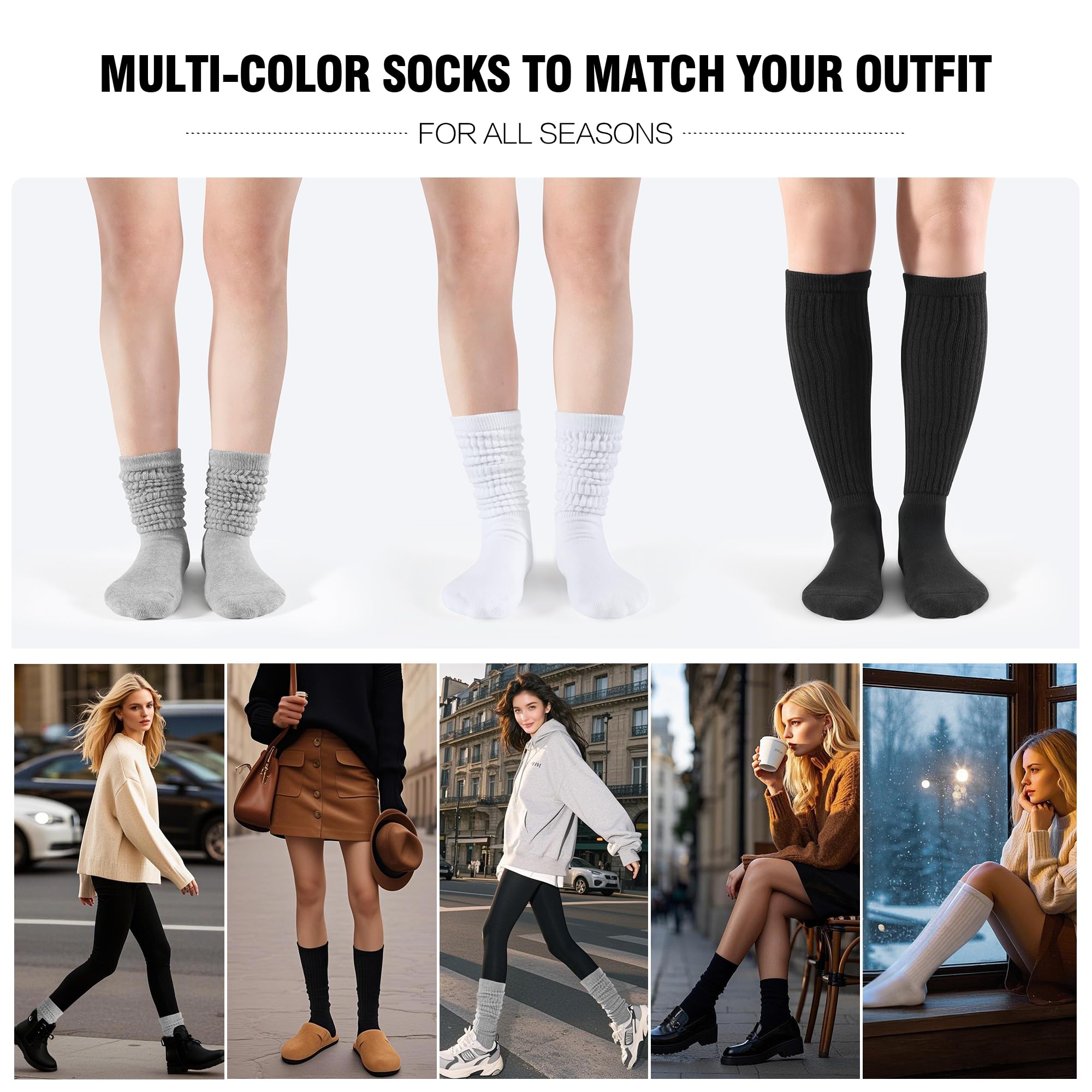 CLOSEMATE Women's Soft Cotton Slouch Crew Socks - 3 Pairs Pack for Boots, Loafers & Sneakers - Comfortable Scrunch Socks for Casual Wear, Work & Everyday Outfits