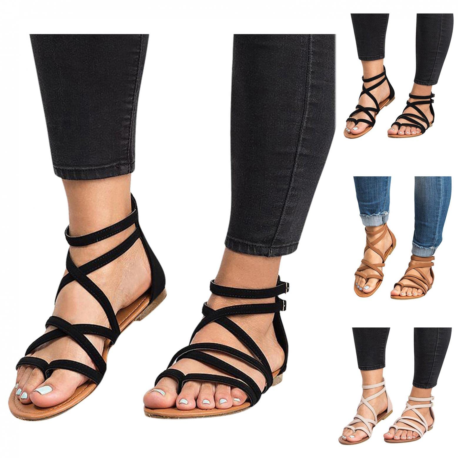 Gibobby Women's Casual Summer Sandals - Buckle Ankle Strap Flat Thong Flip Flops | Open Toe Fashion Sandals for Beach, Pool & Outdoor Activities