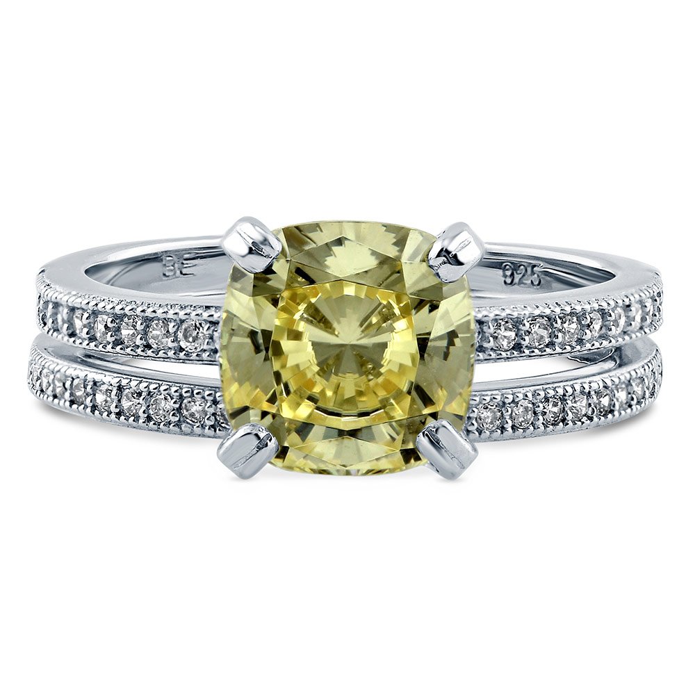 BERRICLE 3 Carat Canary Yellow Cushion Cut Cubic Zirconia Sterling Silver Engagement Ring Set for Women - Rhodium Plated, Size 4-10 - Perfect for Wedding, Proposal & Anniversary Gifts