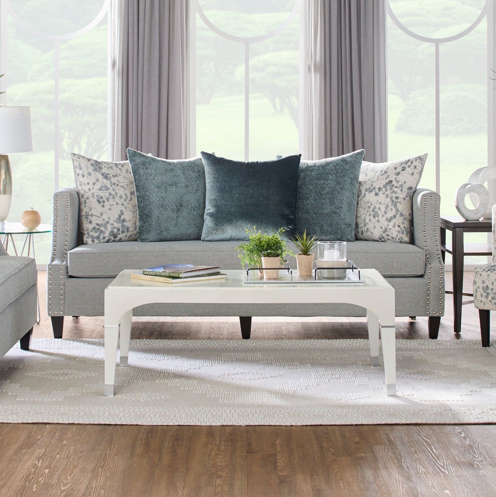 Roundhill Furniture Nari Modern Pillow Back Fabric Sofa - Contemporary Living Room Couch in Moondance Mist, Perfect for Small Spaces & Apartment Decor