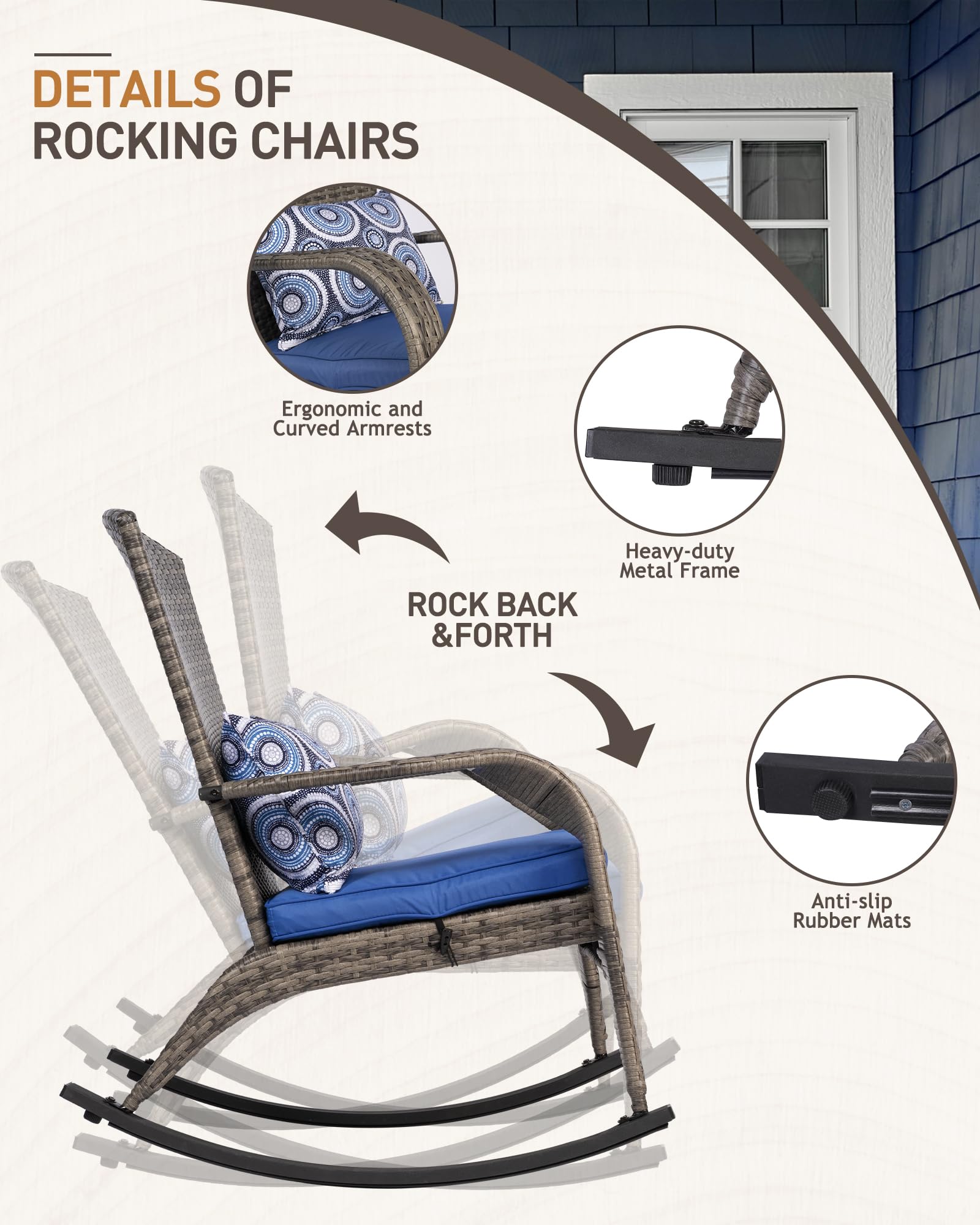 All-Weather Outdoor Rocking Chair - Rattan Patio Rocker with Steel Frame & 2 Replaceable Cushion Covers (Blue & White) - 350lbs Capacity, Grey - Perfect for Garden, Porch, and Backyard Relaxation