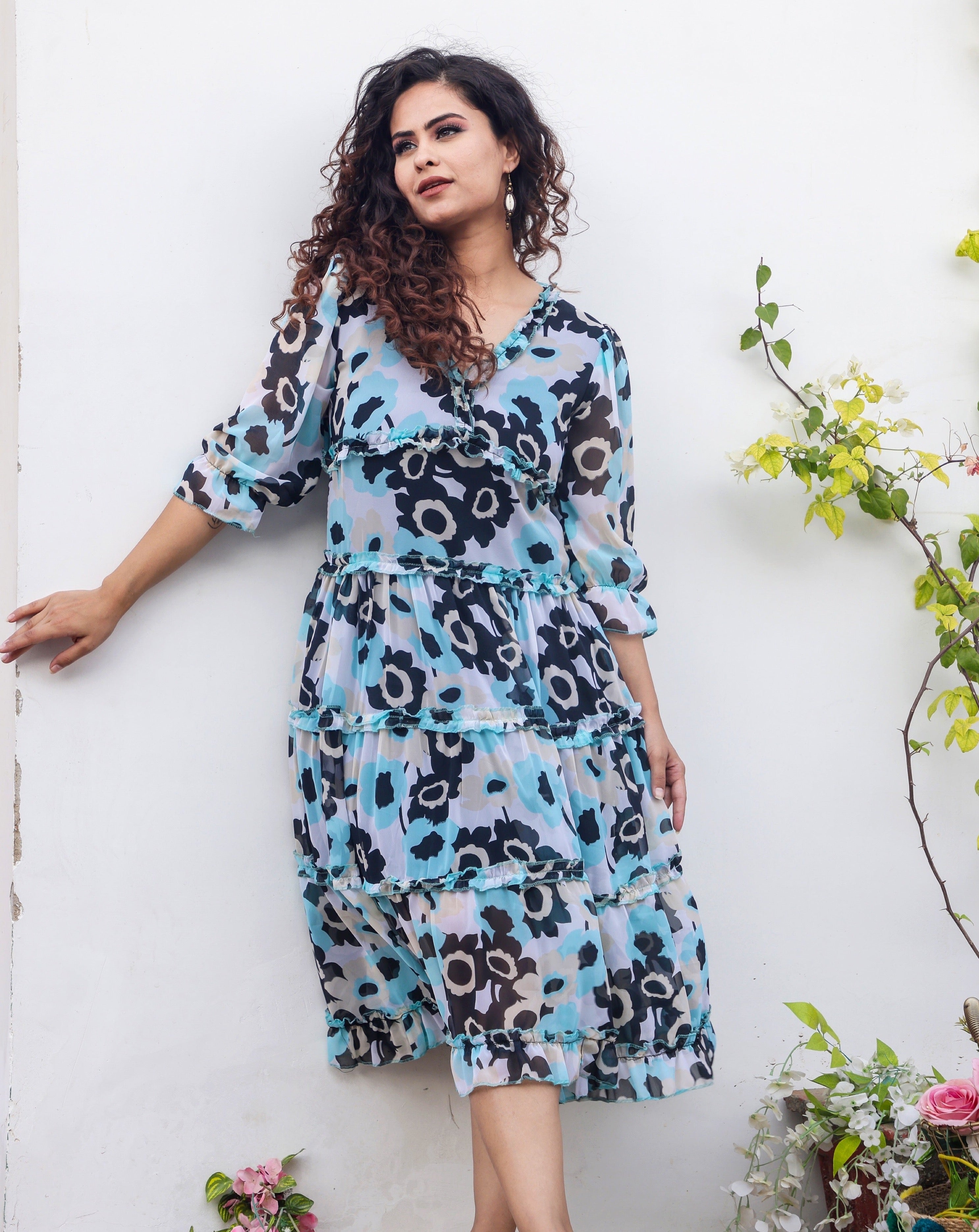 Blue Floral Print Maxi Dress for Women - Summer Beach Boho Long Dress with Pockets - Perfect for Vacations, Weddings & Outdoor Events