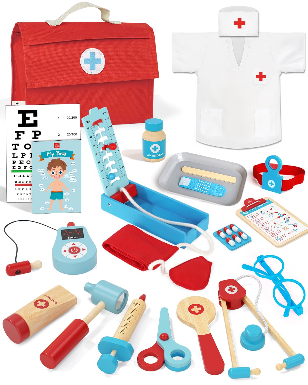 Lehoo Wooden Doctor Play Set for Kids Ages 3-6 - Pretend Play Medical Kit with Stethoscope, Toy Doctor Tools for Boys & Girls - Perfect Gift for Toddlers & Preschoolers | Role Play, Learning & Imagination Development