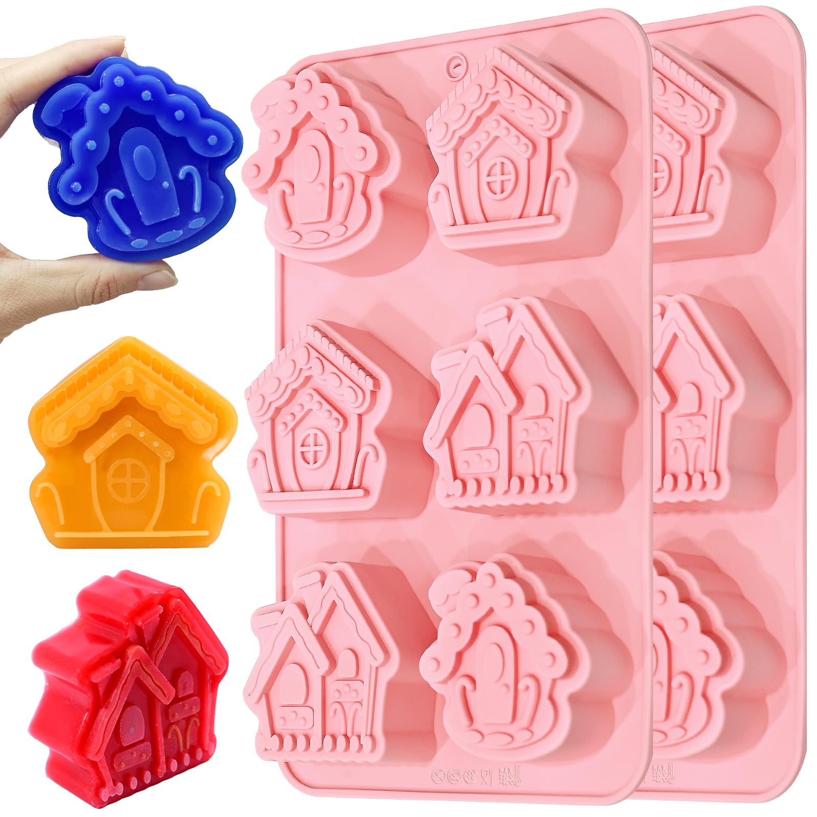 (2 Pack) Christmas Soap Molds - 3D Silicone Baking Molds Set with 3 Festive House Shapes for DIY Candles, Handmade Soaps, Cupcakes, Chocolates & Wax Melts - Perfect for Holiday Baking, Christmas Gifts & Home Decor Crafts