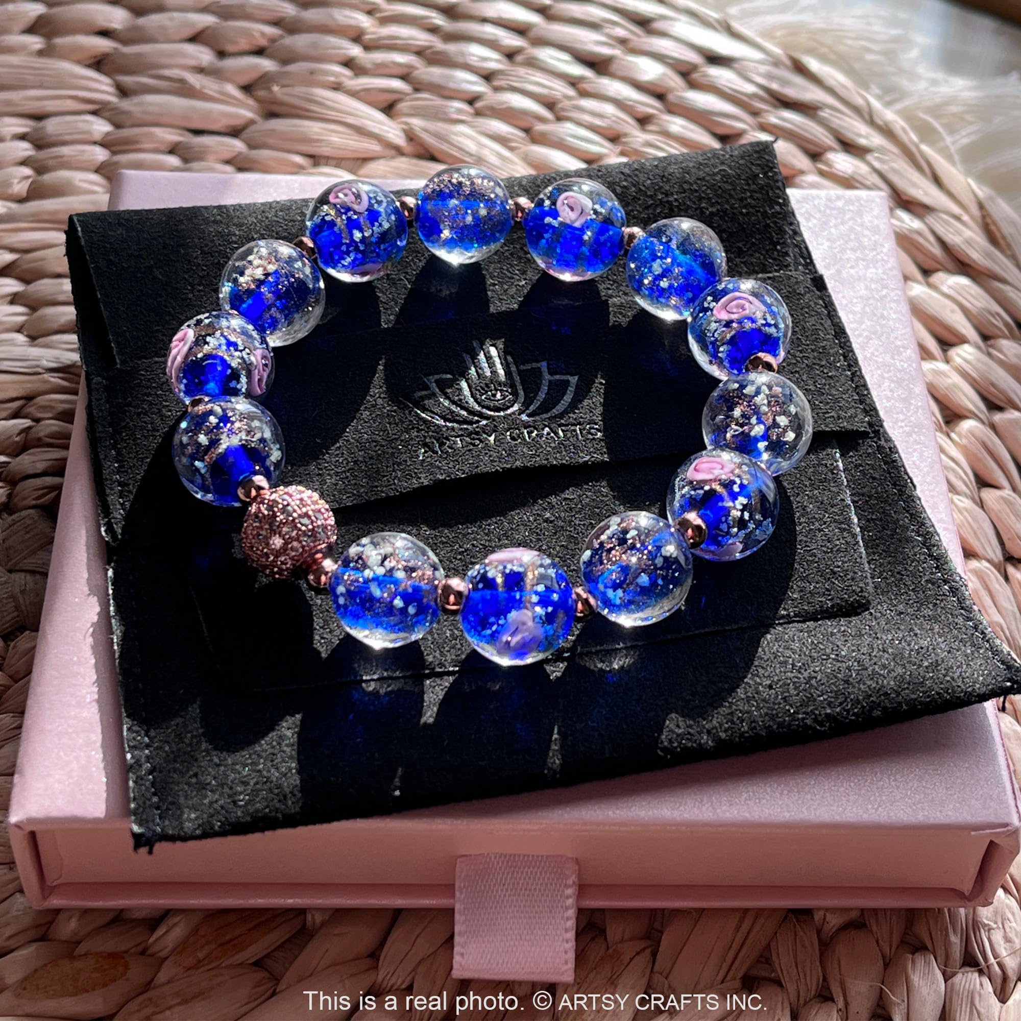 Glow in The Dark Firefly Beads Bracelet - Ocean Blue Luminous Murano Glass Beads Jewelry for Women, Mermaid Crystal Healing Inspirational Bangle - Perfect for Night Parties, Beach Wear & Spiritual Healing