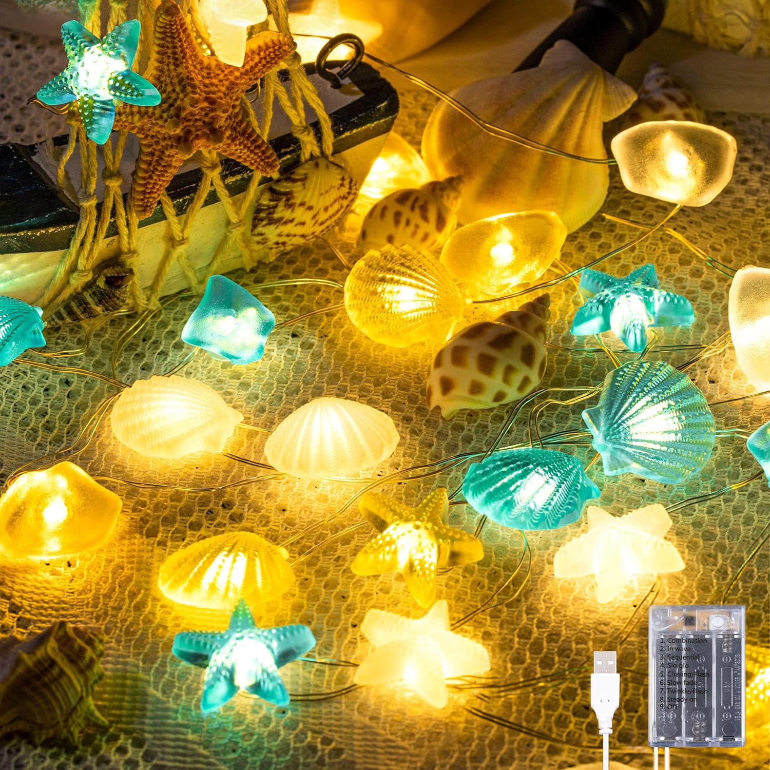 Ocean Themed Fairy String Lights - 10 FT 30 LED Battery Operated Decorative Lights with Starfish & Seashell Design, 8 Lighting Modes for Summer Room Decor, Beach Party, Bathroom, Nursery, Outdoor Patio & Wedding Decorations