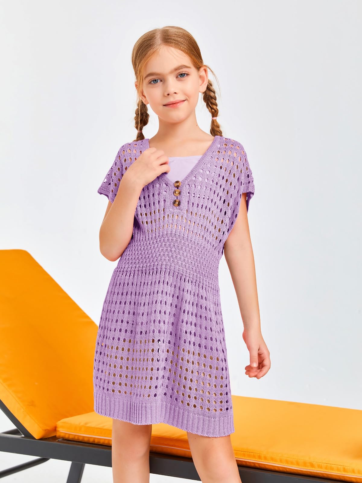Haloumoning Girls Crochet Swim Cover Up - Beach Button Short Sleeve Coverup for Kids Age 5-14 - Perfect for Pool, Beach Vacation & Summer Outfits