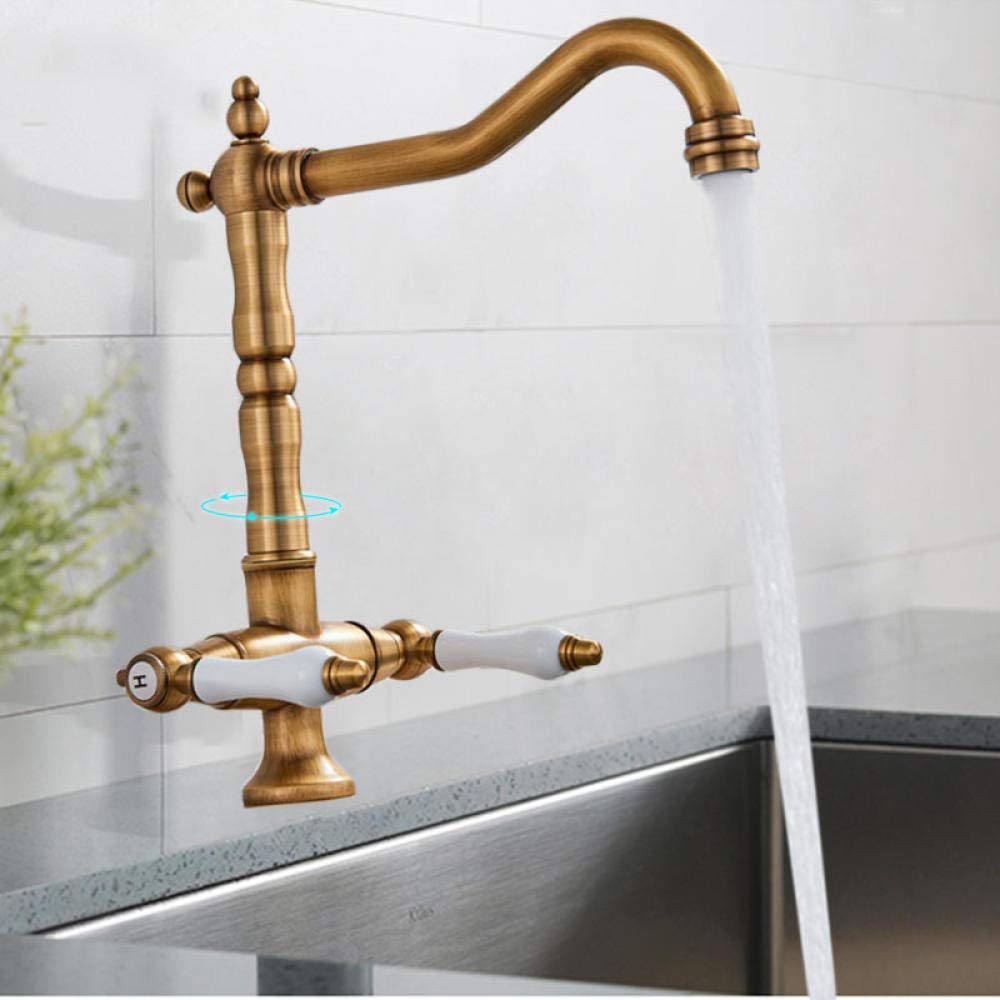 Vintage Brass Kitchen Sink Faucet with Dual Ceramic Handle - Single Hole Bathroom Sink Mixer Tap for Modern & Farmhouse Decor | Perfect for Kitchen Remodel, Bathroom Upgrade & RV Installation