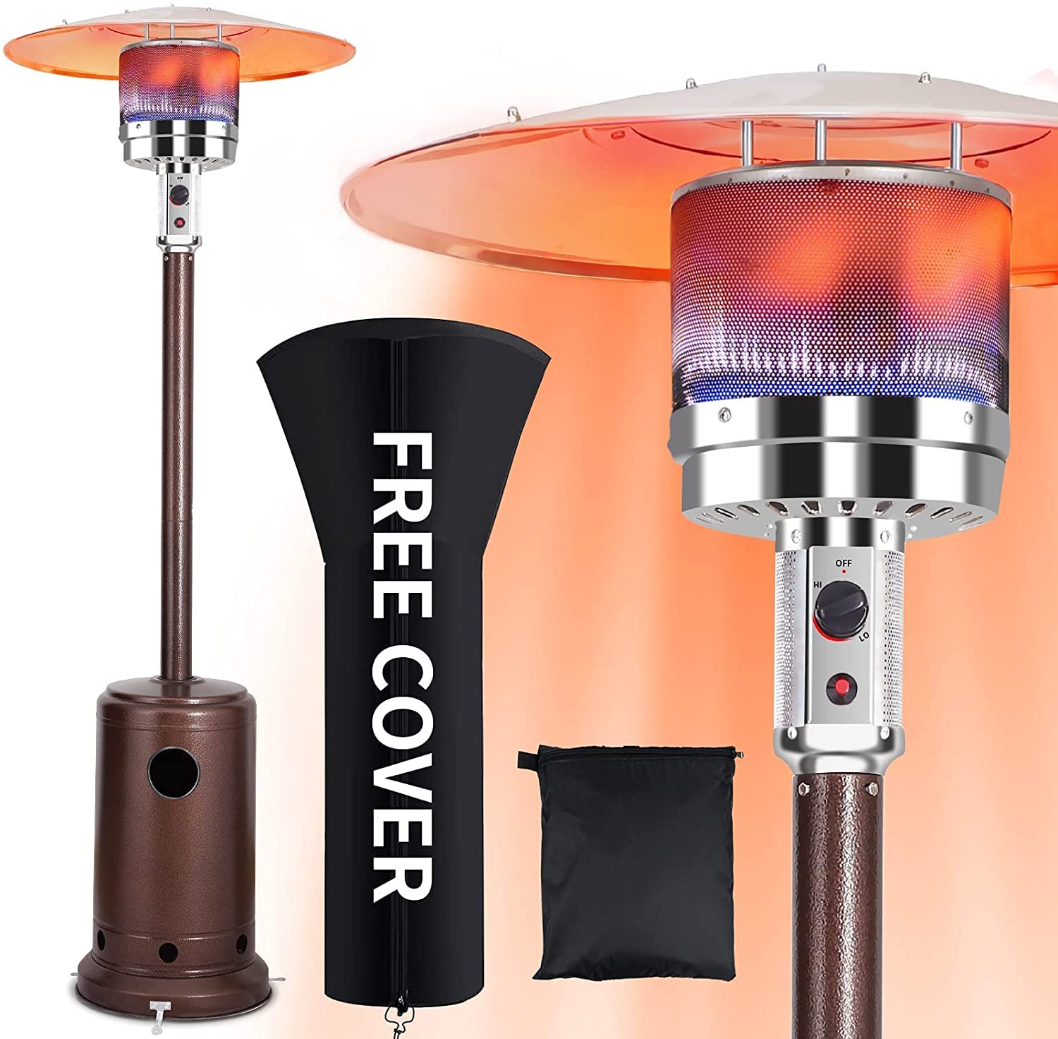 Outdoor Propane Patio Heater 48,000 BTU - CSA Certified Tall Standing Steel Heater with Hammered Bronze Finish, Cover & Pulley Accessories for Garden, Backyard, Deck, and Restaurant Outdoor Heating