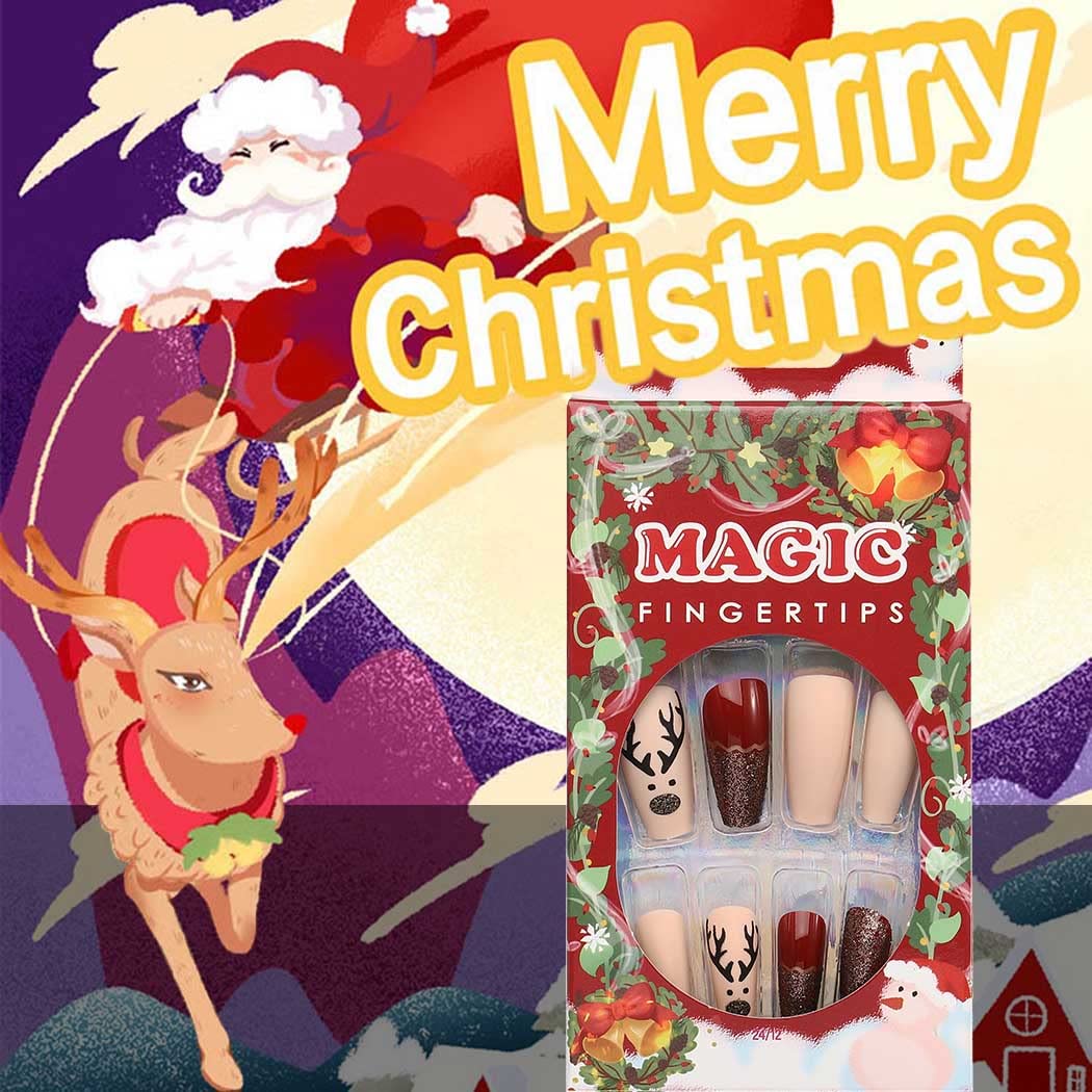 Uranian Christmas Press on Nails - 24pcs Long Red Coffin Fake Nails with Snowflake & Stripes Design, Glossy Santa Claus & Elk Glitter French Tip Acrylic Nails for Women & Girls | Holiday Parties, Gift Giving, Festive Nail Art