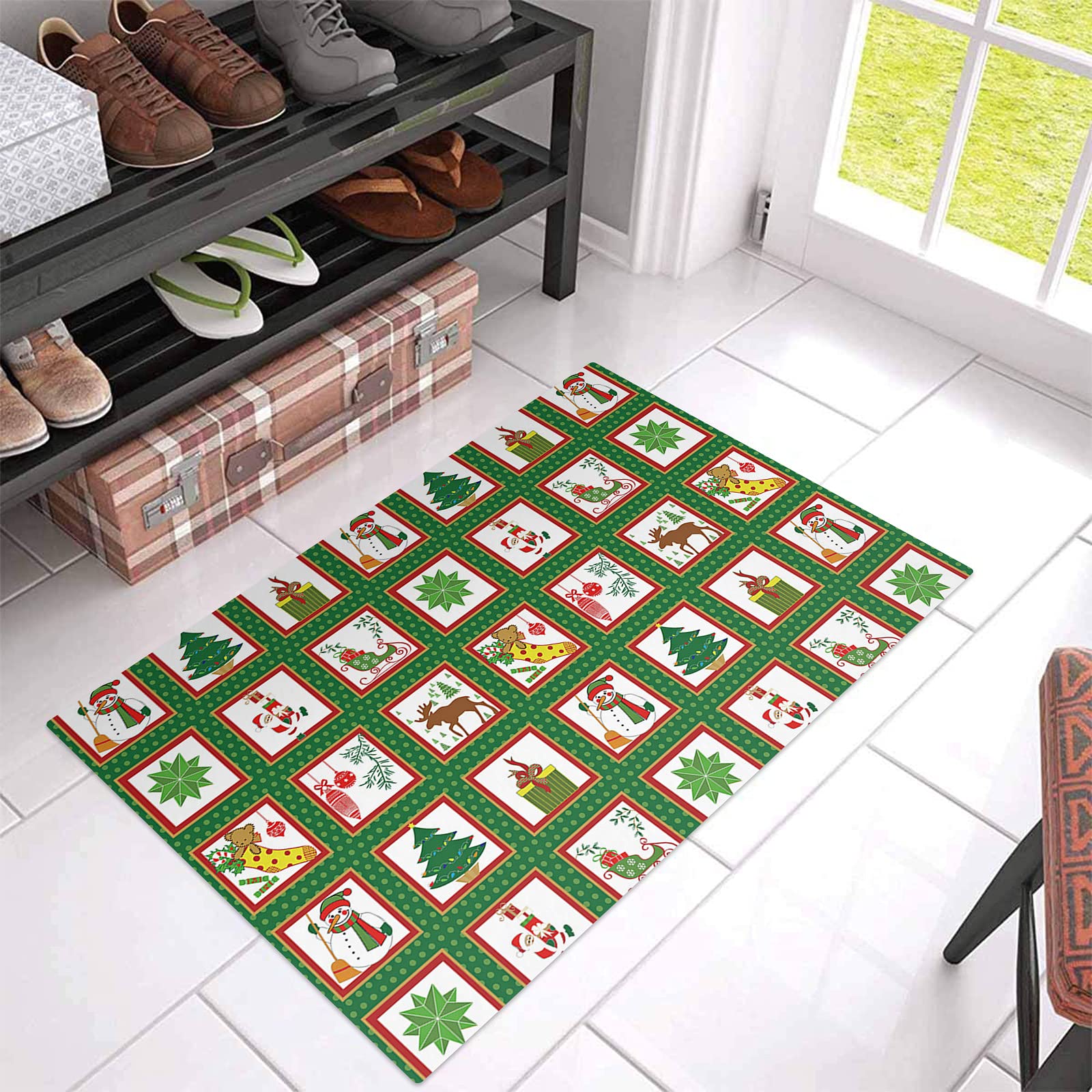 Christmas Cartoon Snowman Santa Doormat - Non-Slip Absorbent Indoor Welcome Mat for Kitchen, Bathroom, Bedroom & Living Room - Festive Holiday Decor with Green Dots Design - Perfect for Winter Home Entrance & Seasonal Decorations