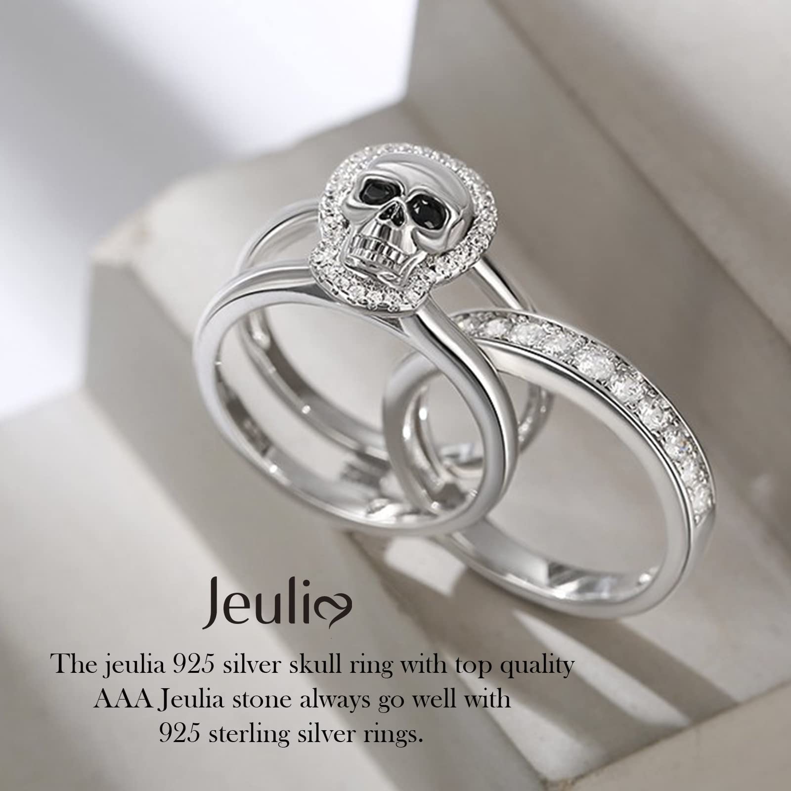 Jeulia Sterling Silver Skull Engagement Ring Set with Cubic Zirconia - Interchangeable Promise & Eternity Bands - Wedding, Anniversary, Bridal Jewelry Gift for Her - Perfect for Gothic Weddings, Alternative Proposals & Unique Couples' Gifts