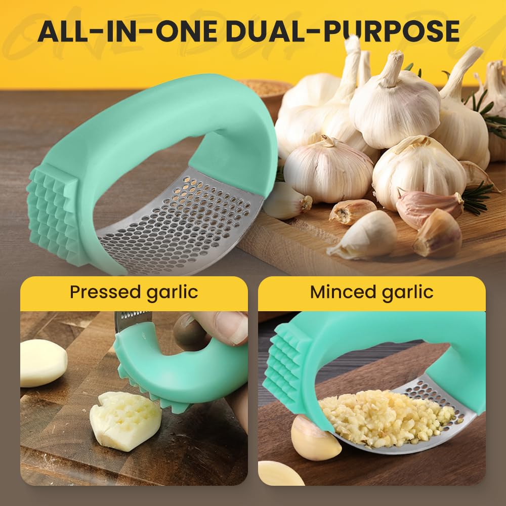 Stainless Steel Garlic Press - 2025 New Garlic Mincer with Peeler & Brush for Kitchen Cooking