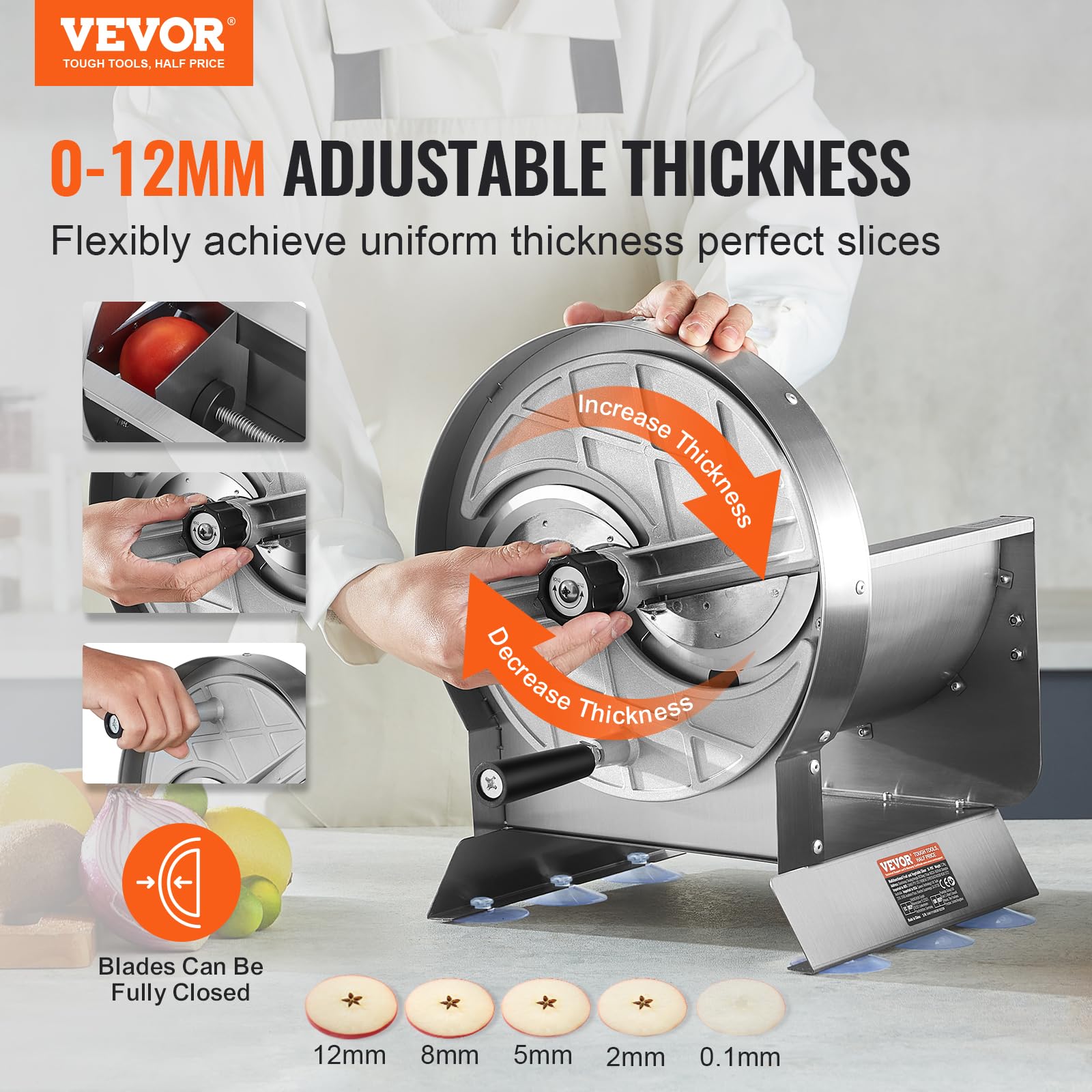 VEVOR Adjustable Stainless Steel Vegetable & Fruit Slicer - 0-12mm Thickness Commercial Food Cutter with 2 Blades - Perfect for Potatoes, Cucumbers, Tomatoes - Ideal for Restaurants, Catering & Home Kitchen Prep