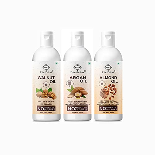 PuriFlame 100% Pure Walnut Oil, Argan Oil & Almond Oil Combo Set - 50ML Each for Hair Growth, Anti Hair Fall & Split Ends Treatment - Promotes Soft, Shiny Hair - Natural Hair Care for Dry, Damaged Hair - Perfect for Daily Hair Nourishment & Scalp Massage