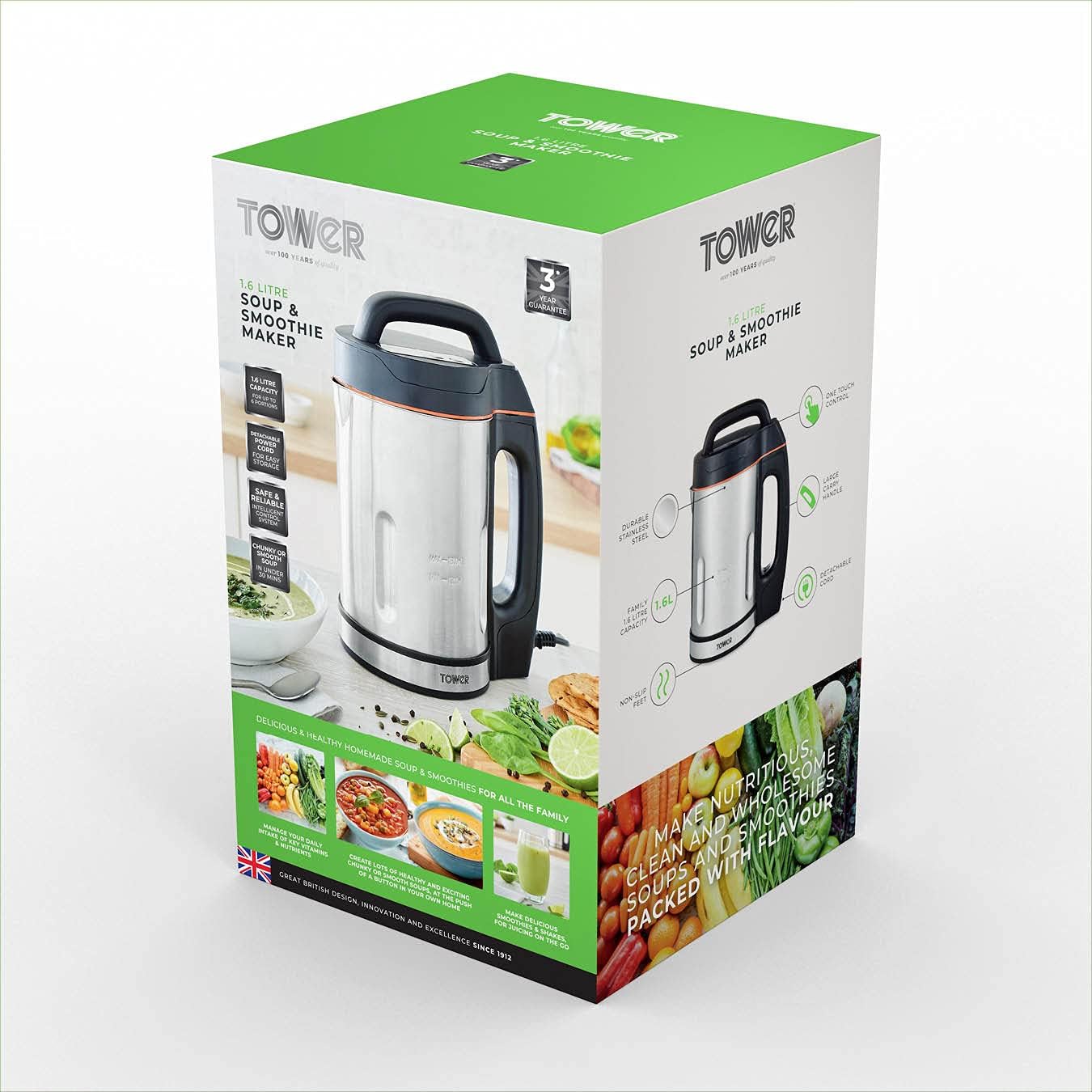 T12031 1000W Smart Soup & Smoothie Blender with 1.6L Stainless Steel Jug, Sharp Blades for Smoothies, Soups, Baby Food - Perfect for Kitchen, Office, Healthy Lifestyle