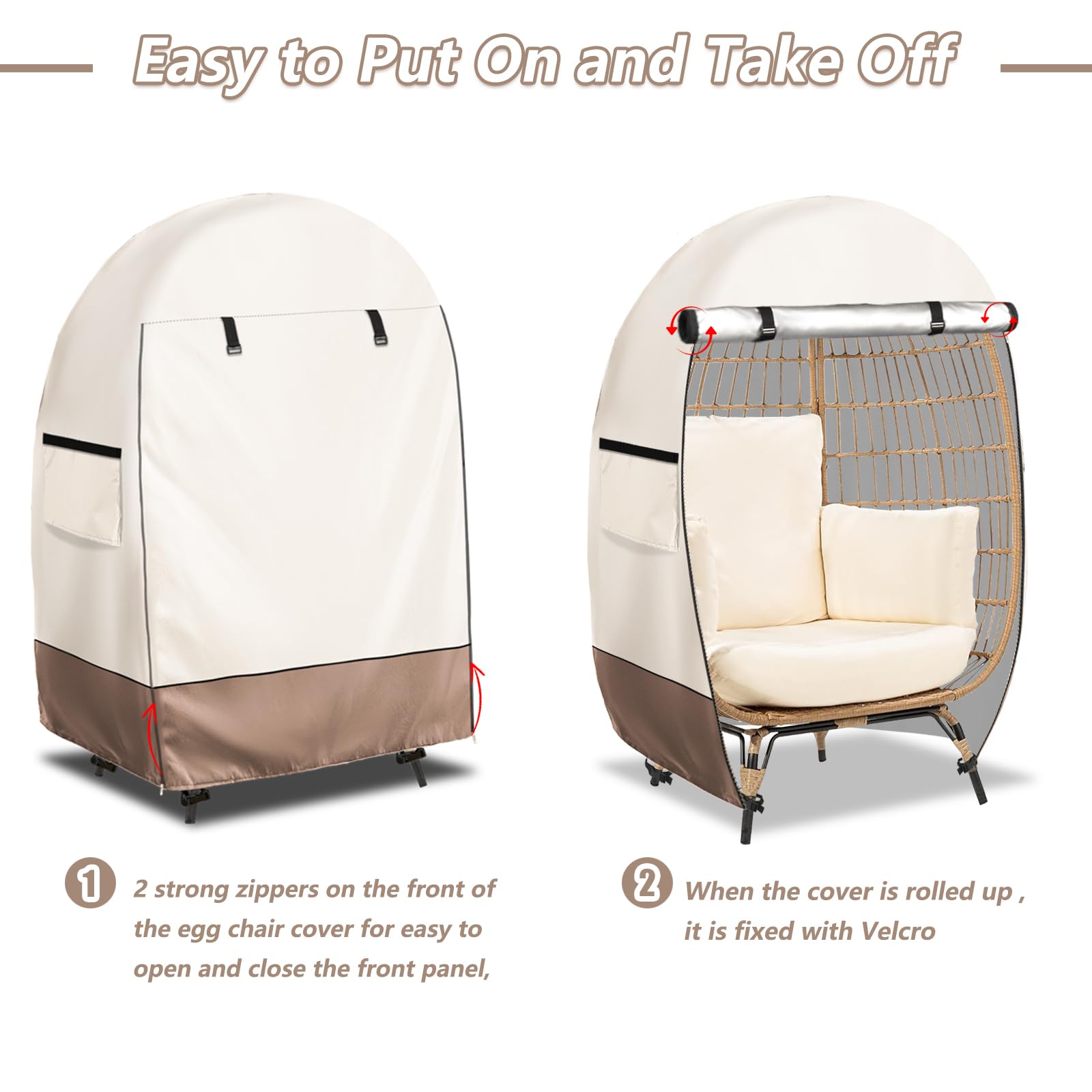 Waterproof Egg Chair Cover with Zipper - Outdoor Wicker Patio Basket Chair Protector (Beige & Brown, Fits 45.3