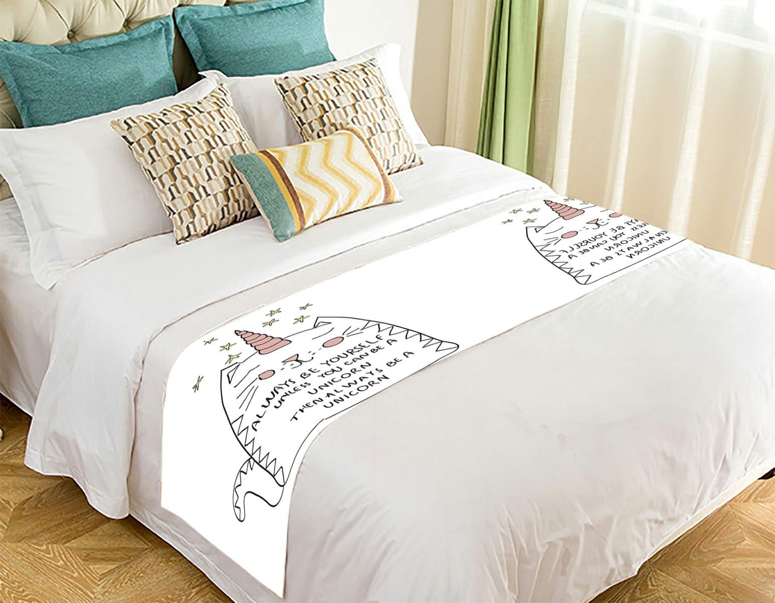 Cute Cat Unicorn Bed Runner Scarf - 20x95 Inch Decorative Bed Cover for Girls Room, Dorm, Nursery - Soft & Stylish Bedding Accessory for Twin, Full, Queen Beds