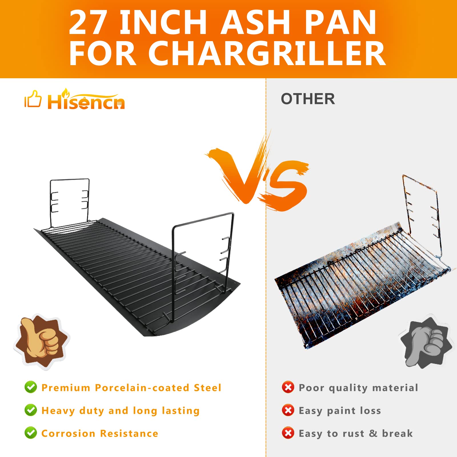 Hisencn 27-Inch Cast Iron Ash Pan & Grill Cooking Grates for Chargriller 2121, 2222, 2828 Models – Heavy Duty Drip Pan with 2 Fire Grate Hangers (5-Pack) – Perfect for BBQ, Grilling, and Outdoor Cooking
