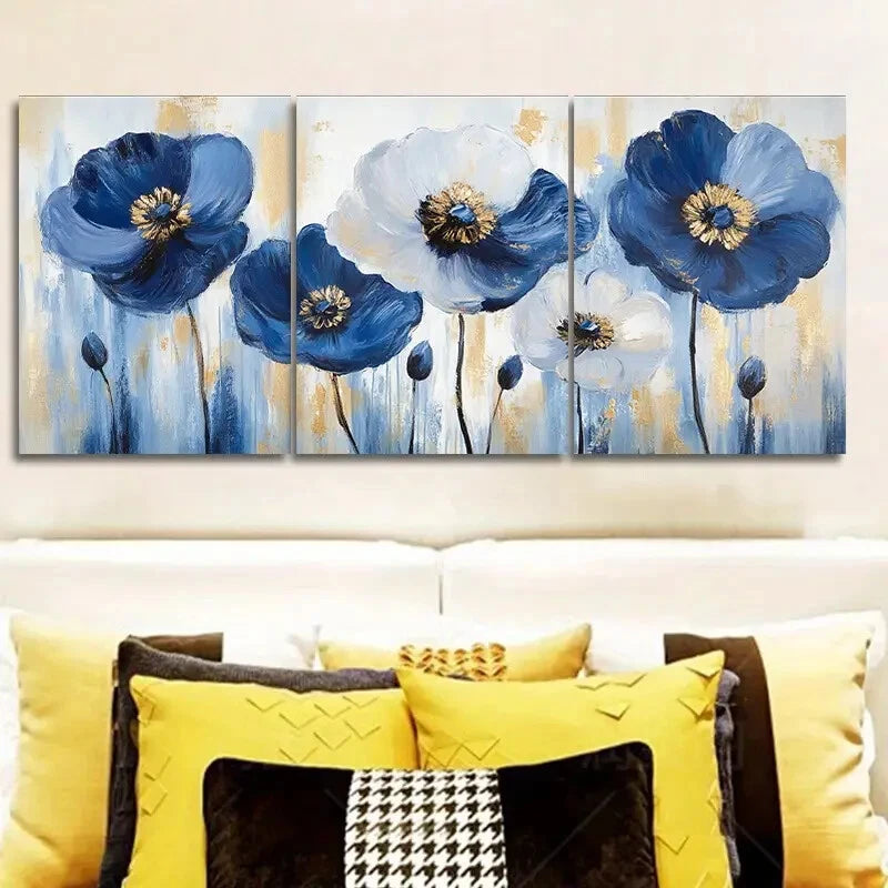 3-Piece Abstract Blue Poppies Metal Wall Art - Ready to Hang Canvas Prints for Living Room, Bedroom & Office Decor