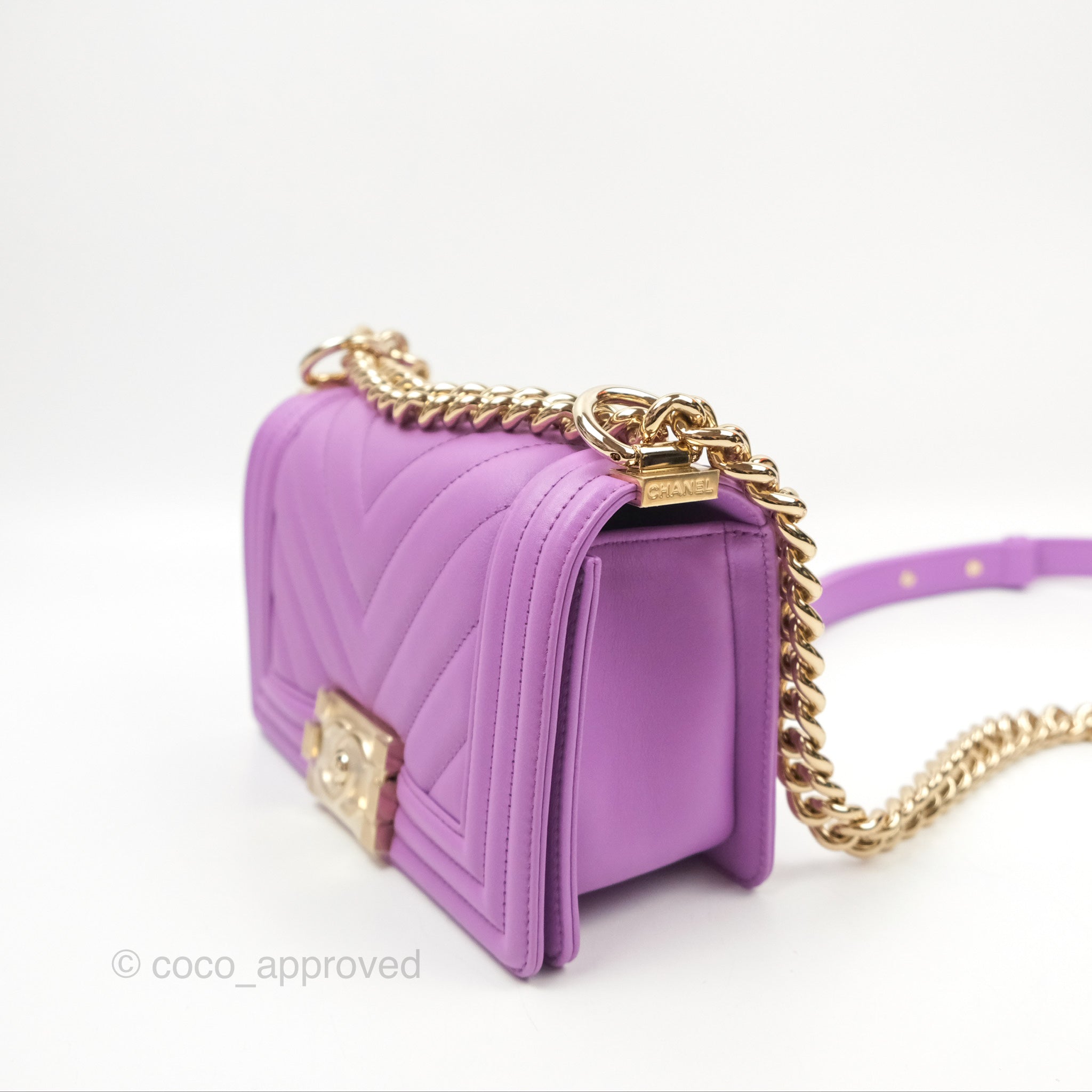 Chanel Chevron Small Boy Bag in Purple Calfskin with Gold Hardware - Luxury Crossbody Purse for Women, Perfect for Evening Events & Date Nights