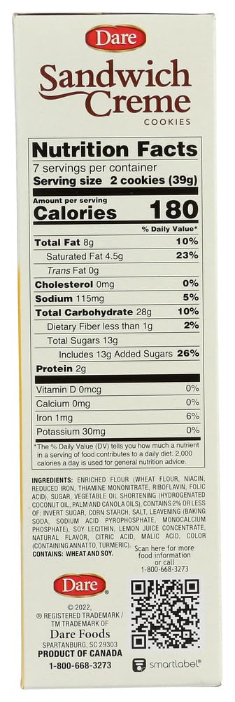Dare Creme Cookies 10.2oz (Pack of 2) - Lemon Flavored Sandwich Cookies | Perfect for Snacking, Lunchboxes & Tea Time Treats