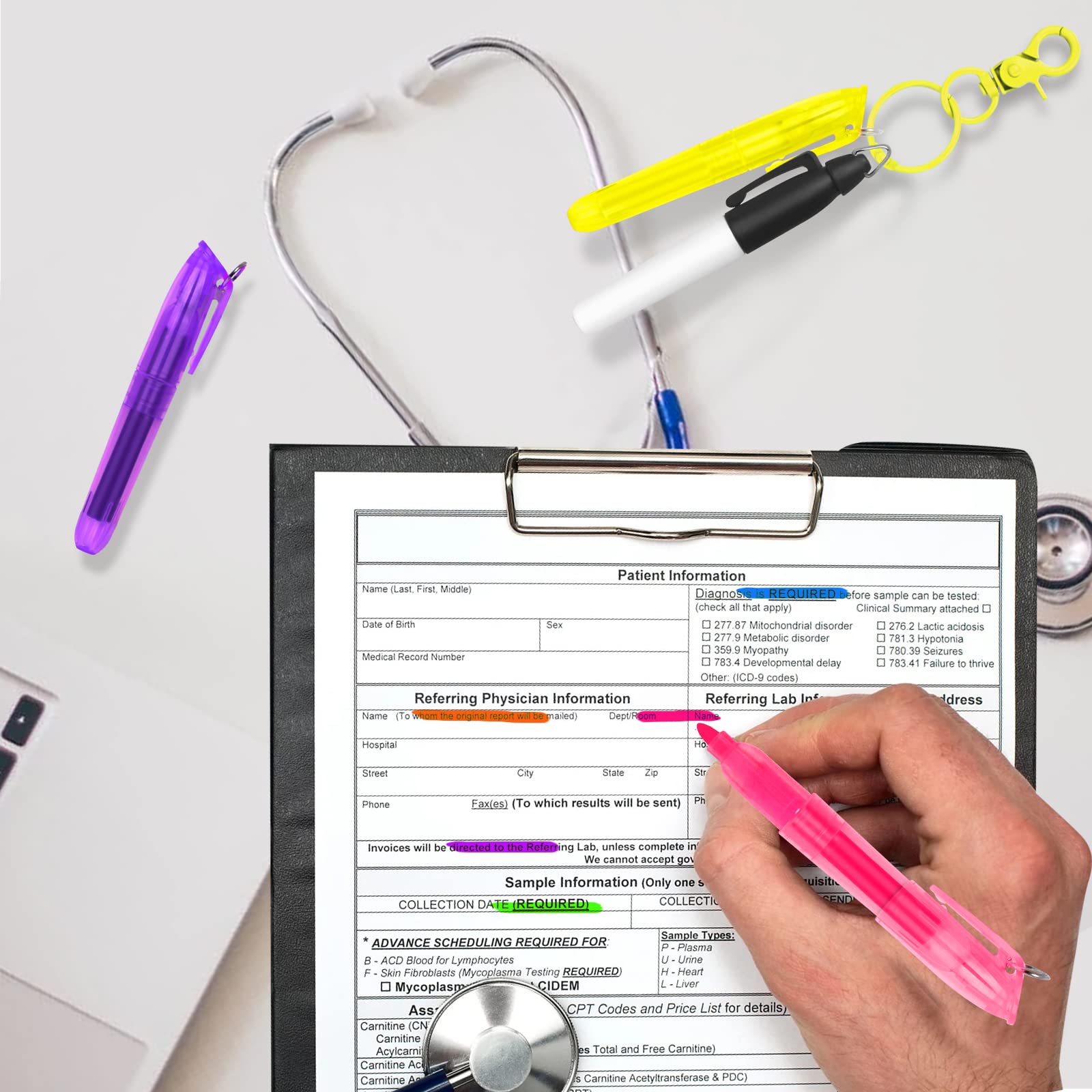 DOUB Mini Highlighter Set - 6 Color Nurse Pens with Badge Clip & Permanent Marker - Perfect for Medical Professionals, Students & Office Use - Highlight Notes, Charts & Documents Easily