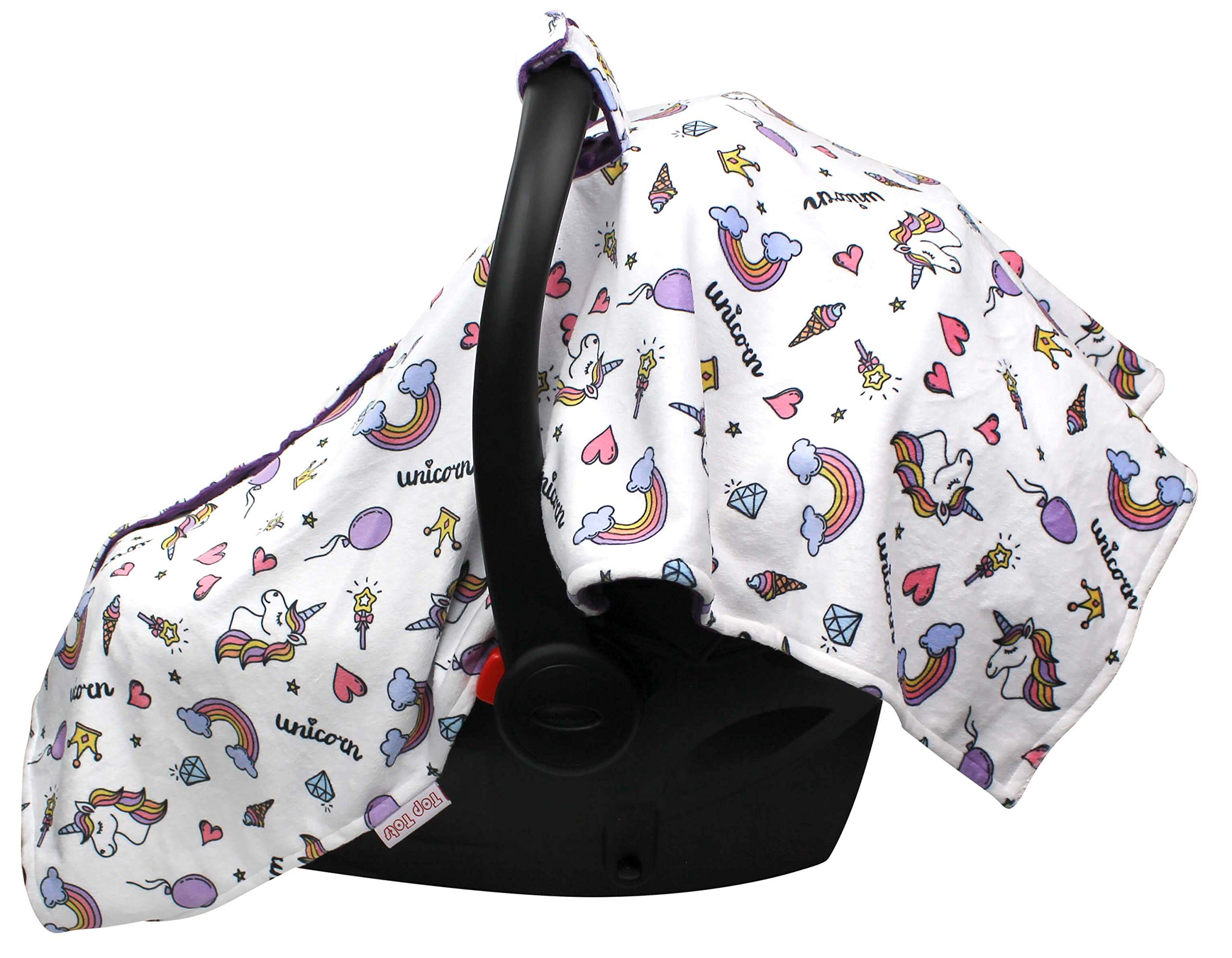 Baby Car Seat Canopy Cover - Soft Purple Minky Dot with Unicorn & Rainbow Design | Universal Fit for Infant Car Seats | Perfect for Travel, Shopping & Outdoor Protection