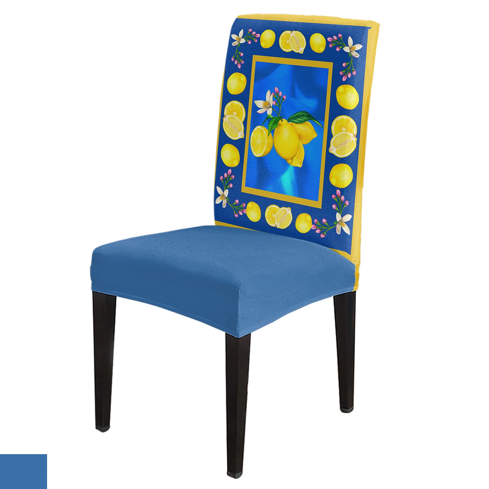 6-Pack Stretch Chair Covers for Dining Room - Summer Lemon Flower Pattern with Blue Texture & Yellow Frame | Soft Removable Kitchen Chair Protectors with Elastic Bottom | Perfect for Office, Home & Restaurant Use