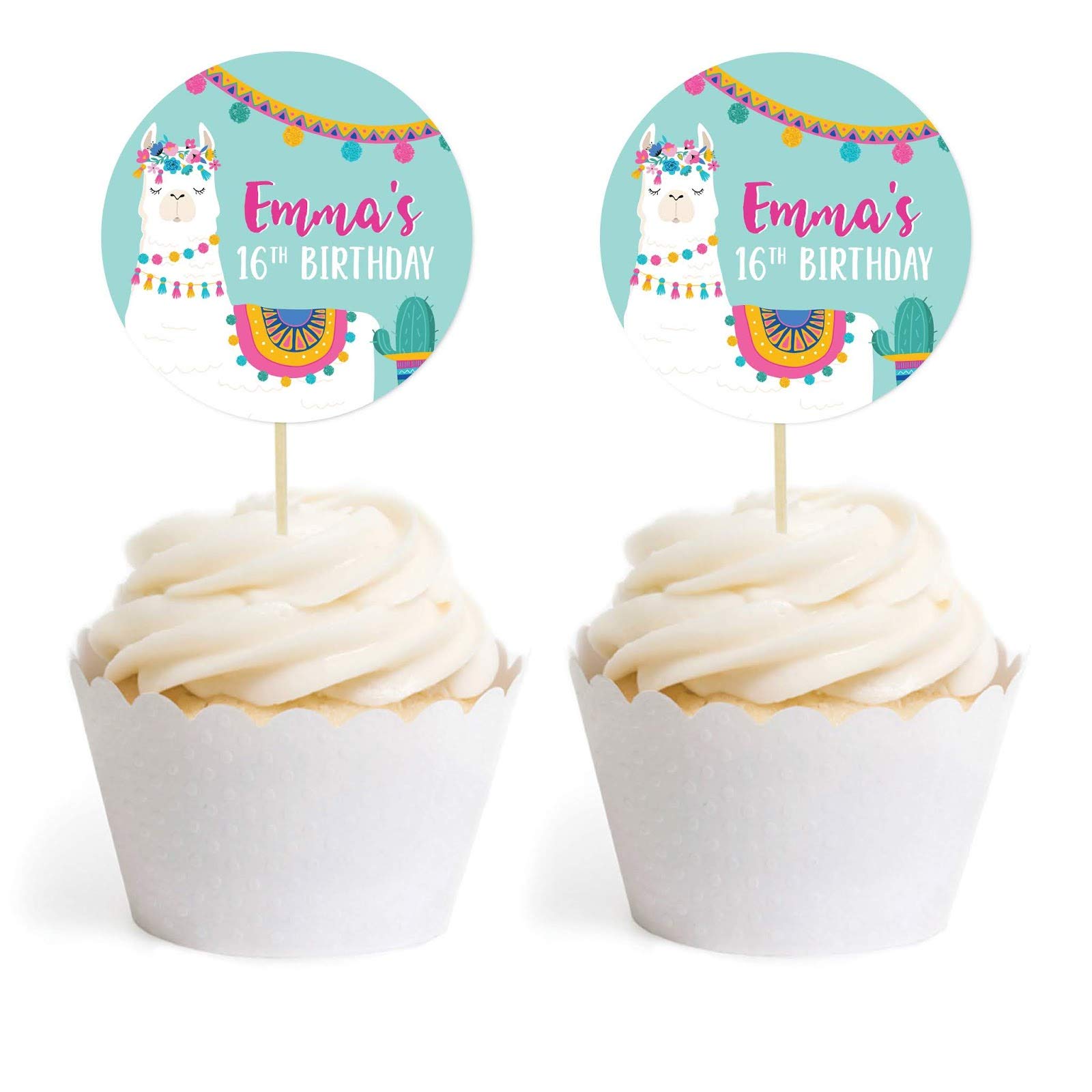 Personalized Llama and Cactus Cupcake Toppers - 20-Pack Bohemian Party Decor for Birthdays, Baby Showers & Weddings - Custom Alpaca Theme for Emma's 16th Birthday Celebration