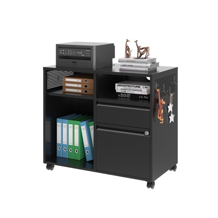 2-Drawer Metal Filing Cabinet with Lock - Lateral Home Office File Organizer, Rolling Printer Stand with Open Shelf for Letter/A4 Size Documents | Perfect for Office Storage & Workspace Organization