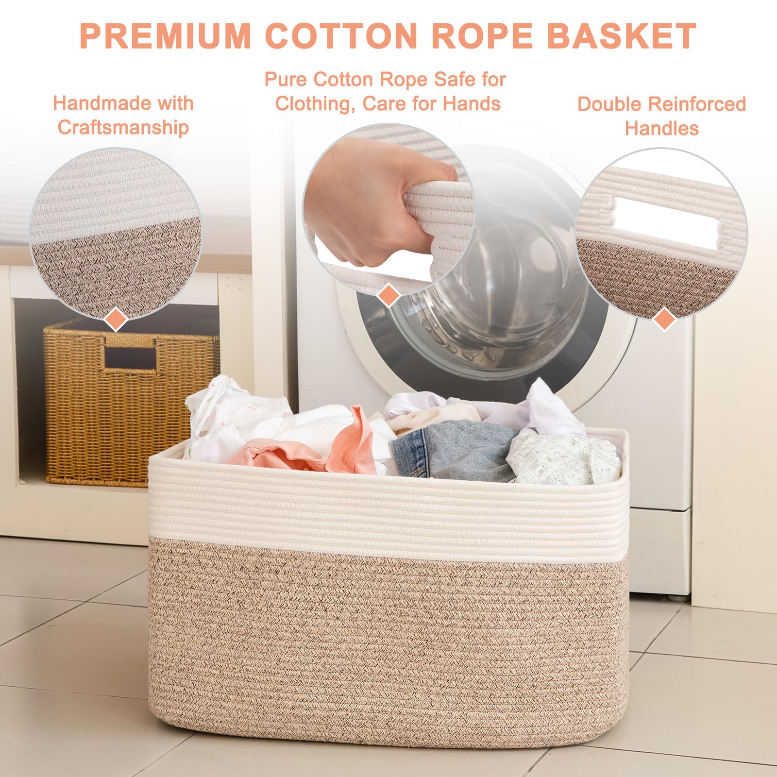 75L Large Woven Cotton Rope Storage Basket - Blanket Organizer, Toy Bin for Kids Nursery & Living Room Decor (22