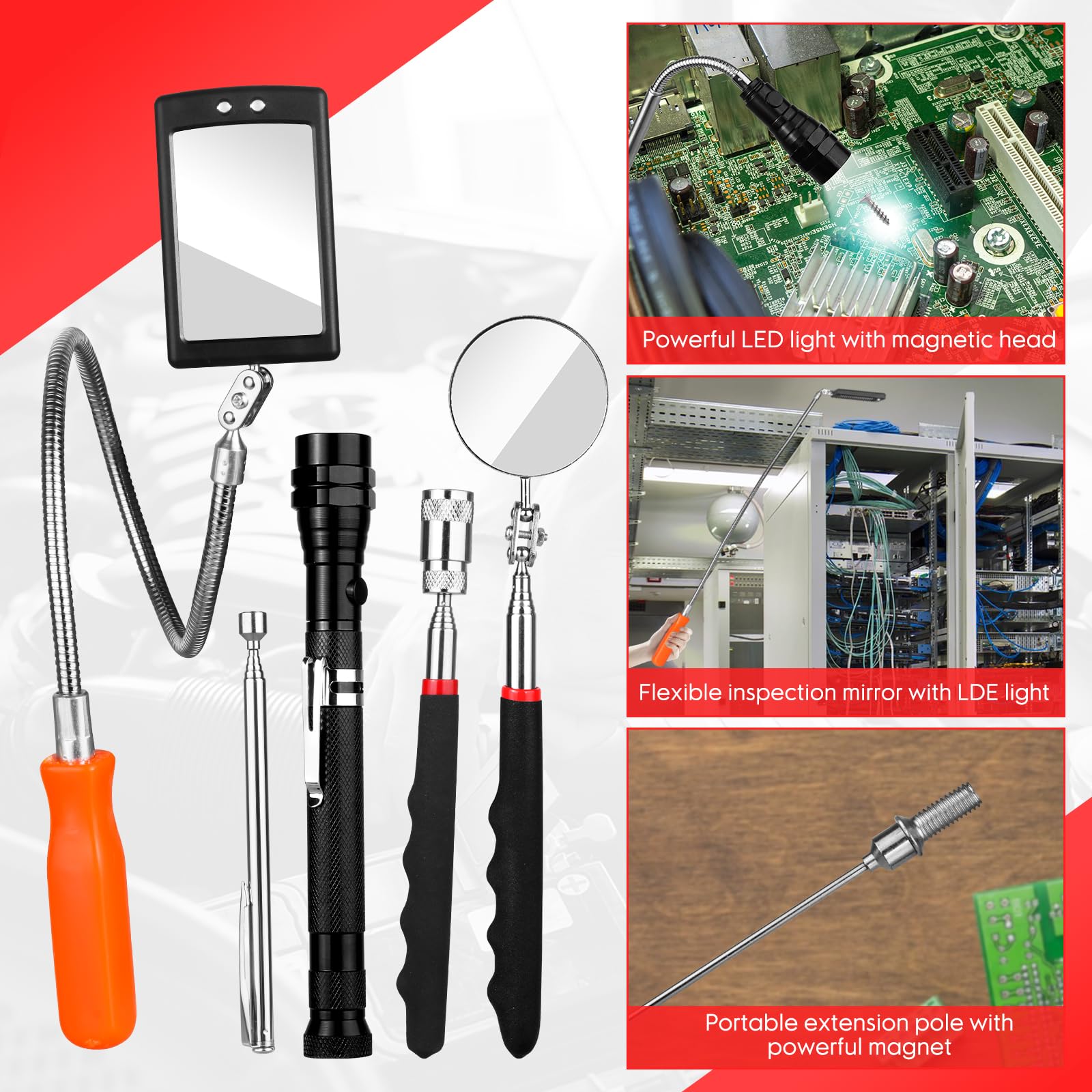 Extendable Magnetic Pickup Tool Set with LED Flashlight & 360° Swivel Inspection Mirror - Perfect Mechanic Gadget for DIY, Auto Repair, Home Maintenance - Great Gift for Men, Dad, Boyfriend, Husband, Handyman (Works in Tight Spaces & Dark Areas)