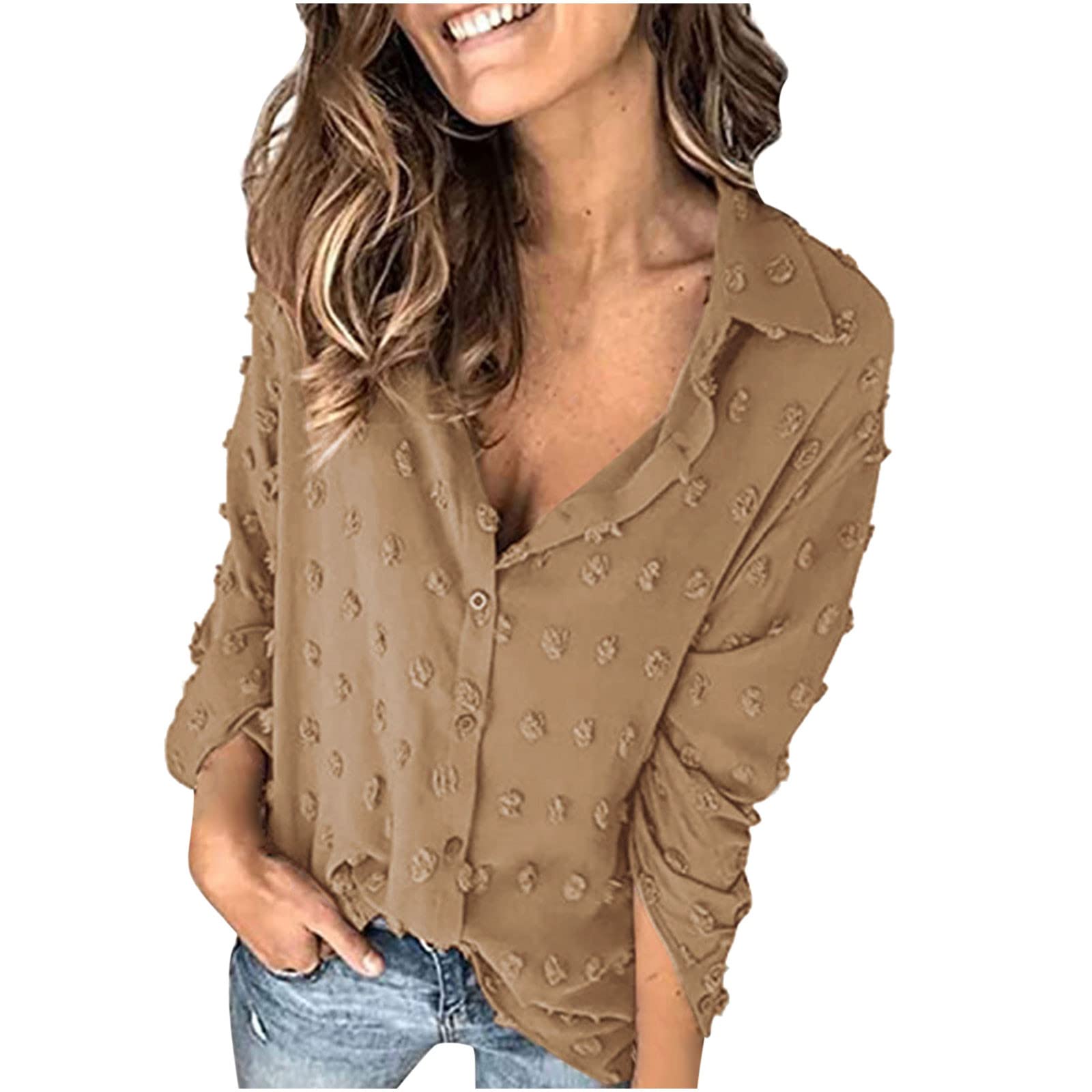 Trendy 2022 Fall Women's Jewel Neck Blouse - Long Sleeve Single Breasted Shirt Tops for Work, Office & Casual Outfits