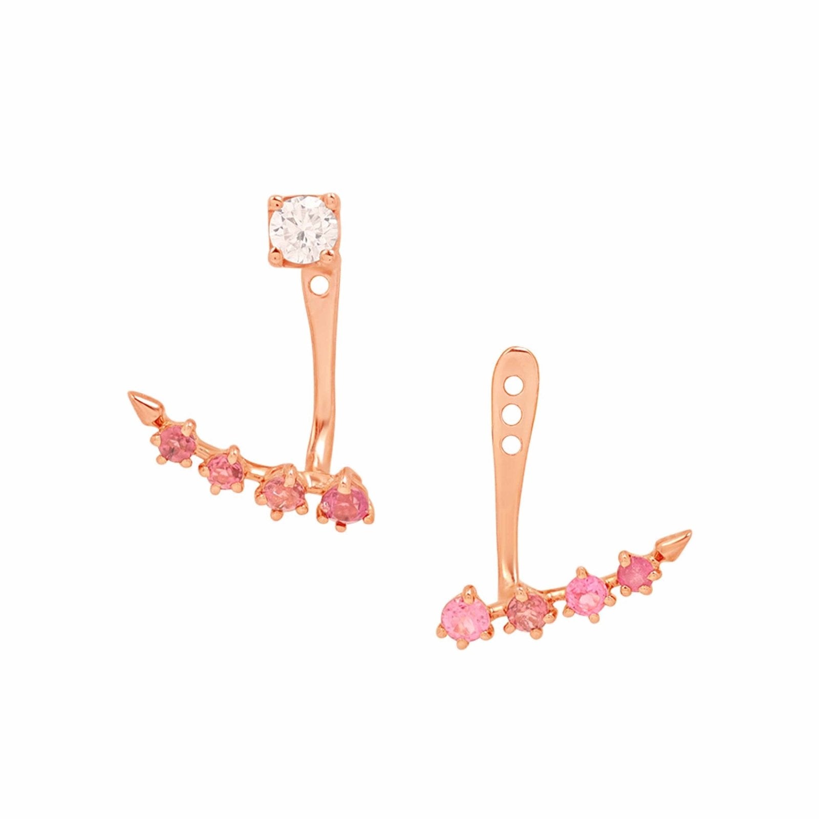 14K Rose Gold Double Stacked Diamond Studs & Pink Tourmaline Ear Jacket Earrings | Elegant Dangle Earrings for Women | Perfect for Weddings, Parties & Special Occasions