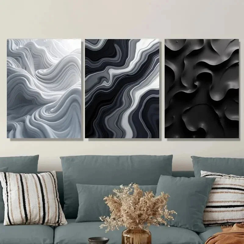 3-Piece Abstract Agate Black and White Metal Wall Art - Modern Ready to Hang Prints for Living Room, Bedroom & Office Decor